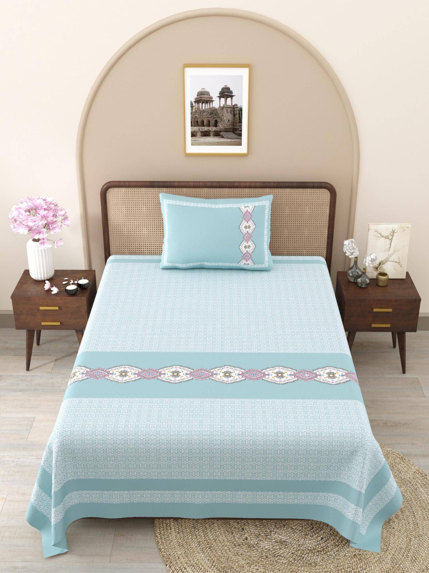 JAIPUR FABRIC Sky Blue Ethnic Motifs Pure Cotton Bedsheet with 1 Pillow Cover (Single)
