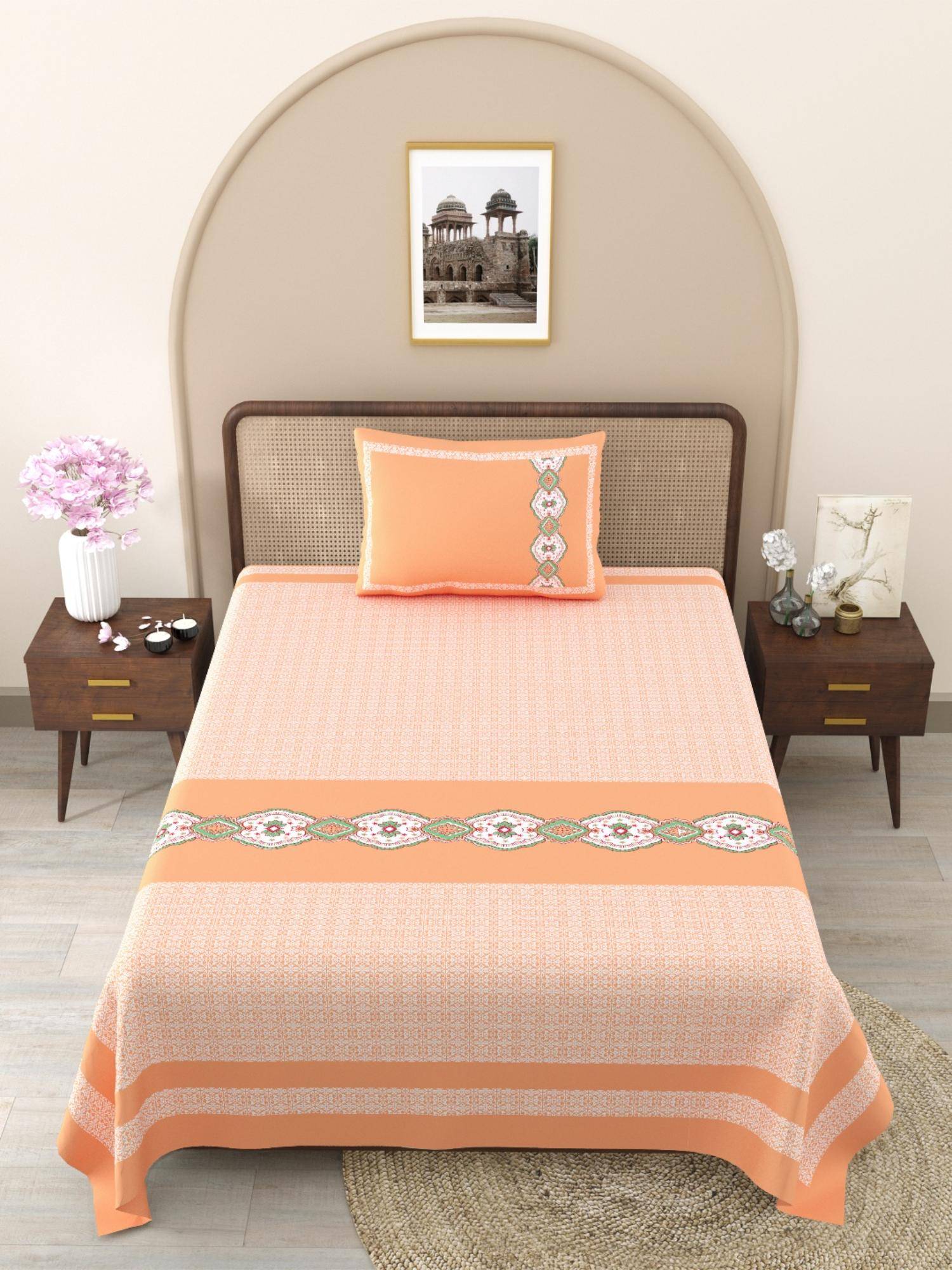 JAIPUR FABRIC Peach Ethnic Motifs Pure Cotton Bedsheet with 1 Pillow Cover (Single)