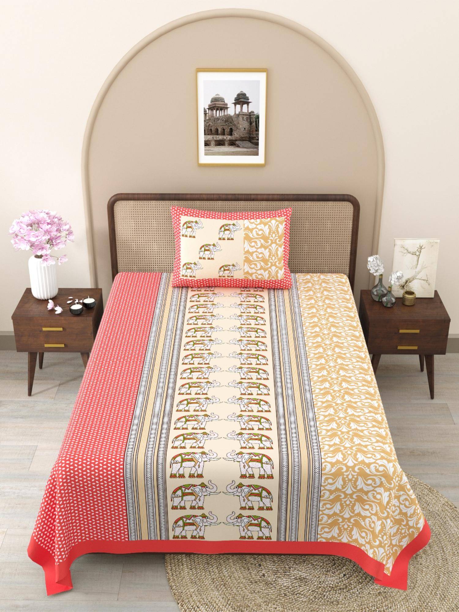 JAIPUR FABRIC Coral-Beige Ethnic Motifs Pure Cotton Bedsheet with 1 Pillow Cover (Single)