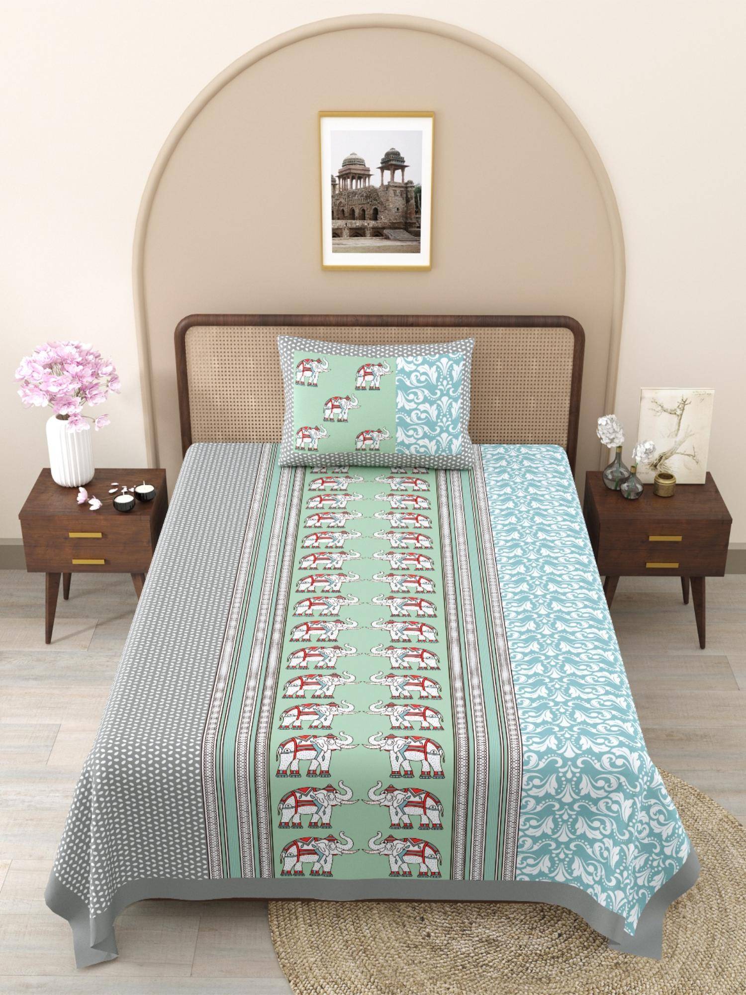 JAIPUR FABRIC Grey-Blue Ethnic Motifs Pure Cotton Bedsheet with 1 Pillow Cover (Single)