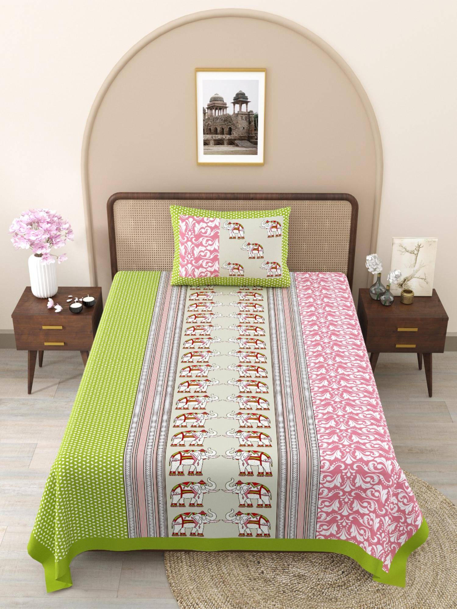 JAIPUR FABRIC Green-Pink Ethnic Motifs Pure Cotton Bedsheet with 1 Pillow Cover (Single)