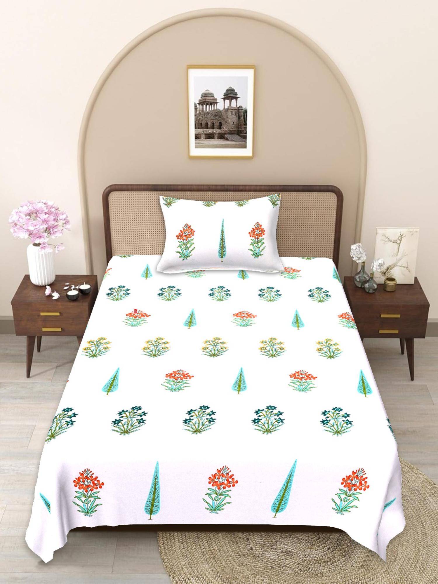 JAIPUR FABRIC White Floral Pure Cotton Bedsheet with 1 Pillow Cover (Single)
