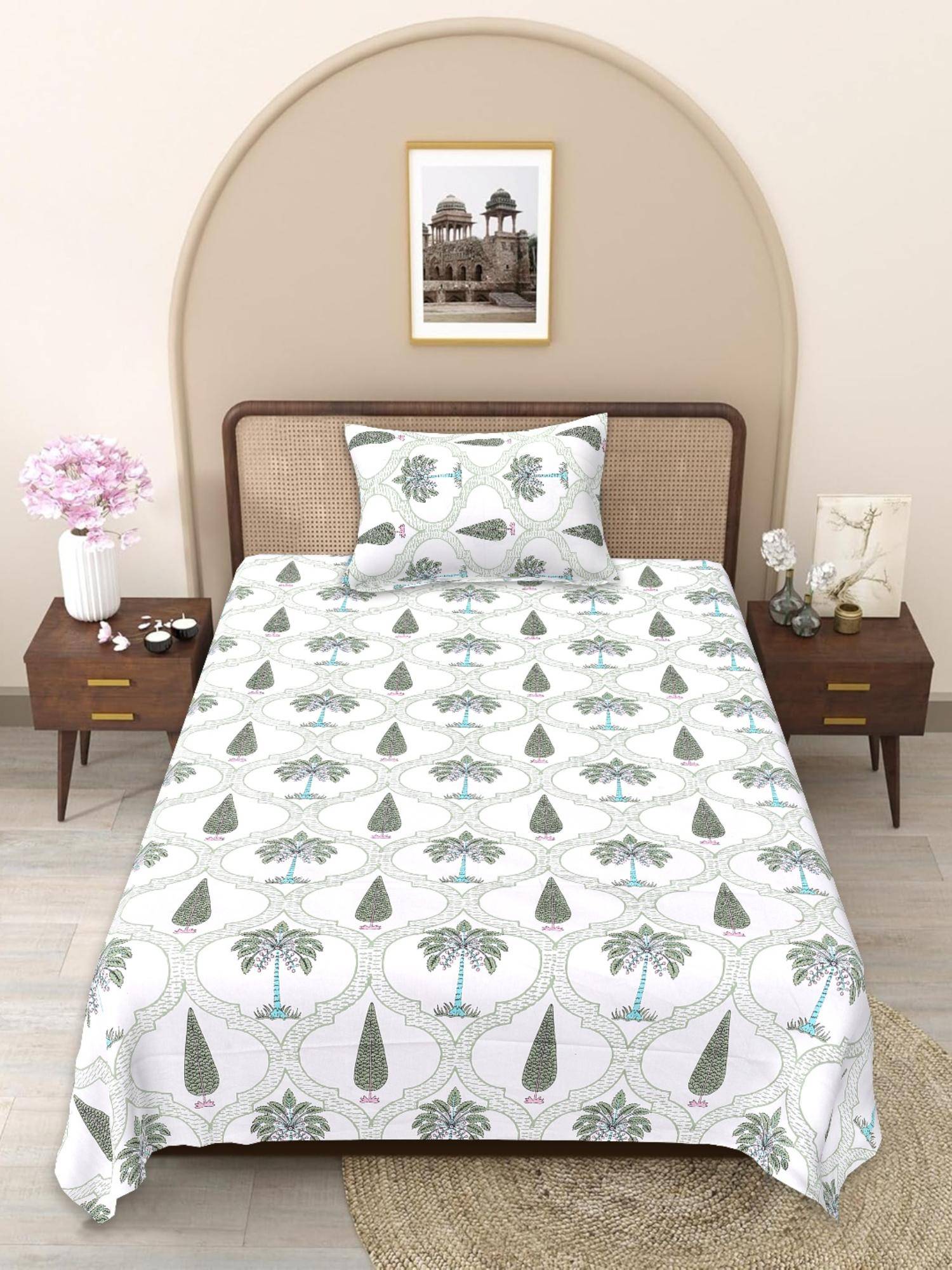 JAIPUR FABRIC Green-White Pure Cotton Flat Single Bedsheet with 1 Pillow Cover (Single)