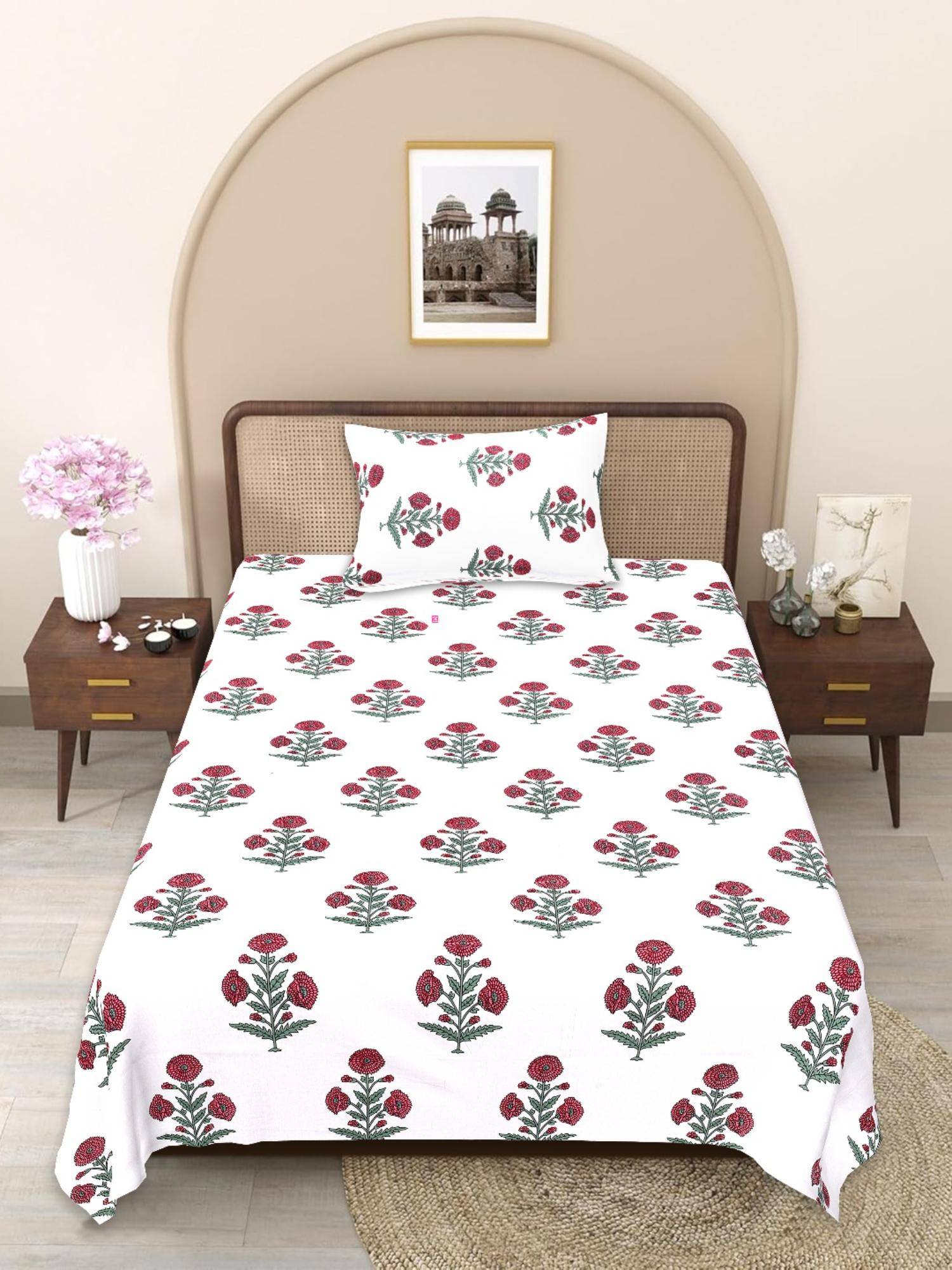 JAIPUR FABRIC Red-White Floral Pure Cotton Bedsheet with 1 Pillow Cover (Single)