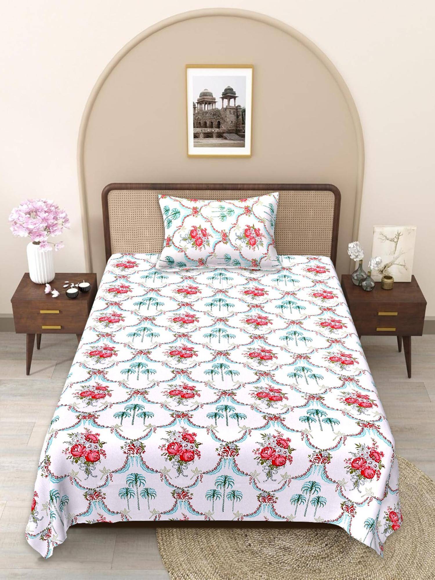 JAIPUR FABRIC Red-White Floral Handblocked Pure Cotton Bedsheet with 1 Pillow Cover (Single)