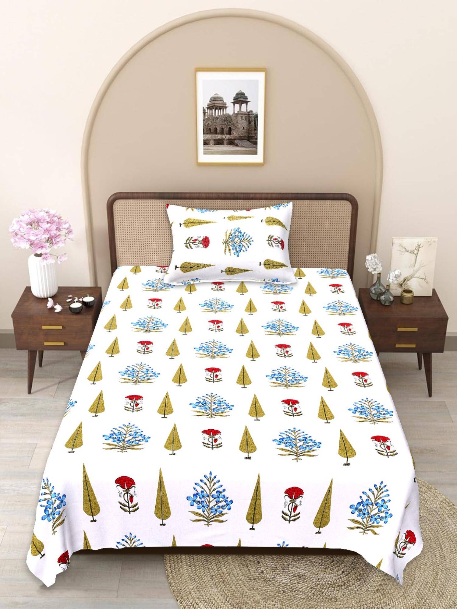 JAIPUR FABRIC Yellow-White Floral Handblocked Pure Cotton Bedsheet with 1 Pillow Cover (Single)
