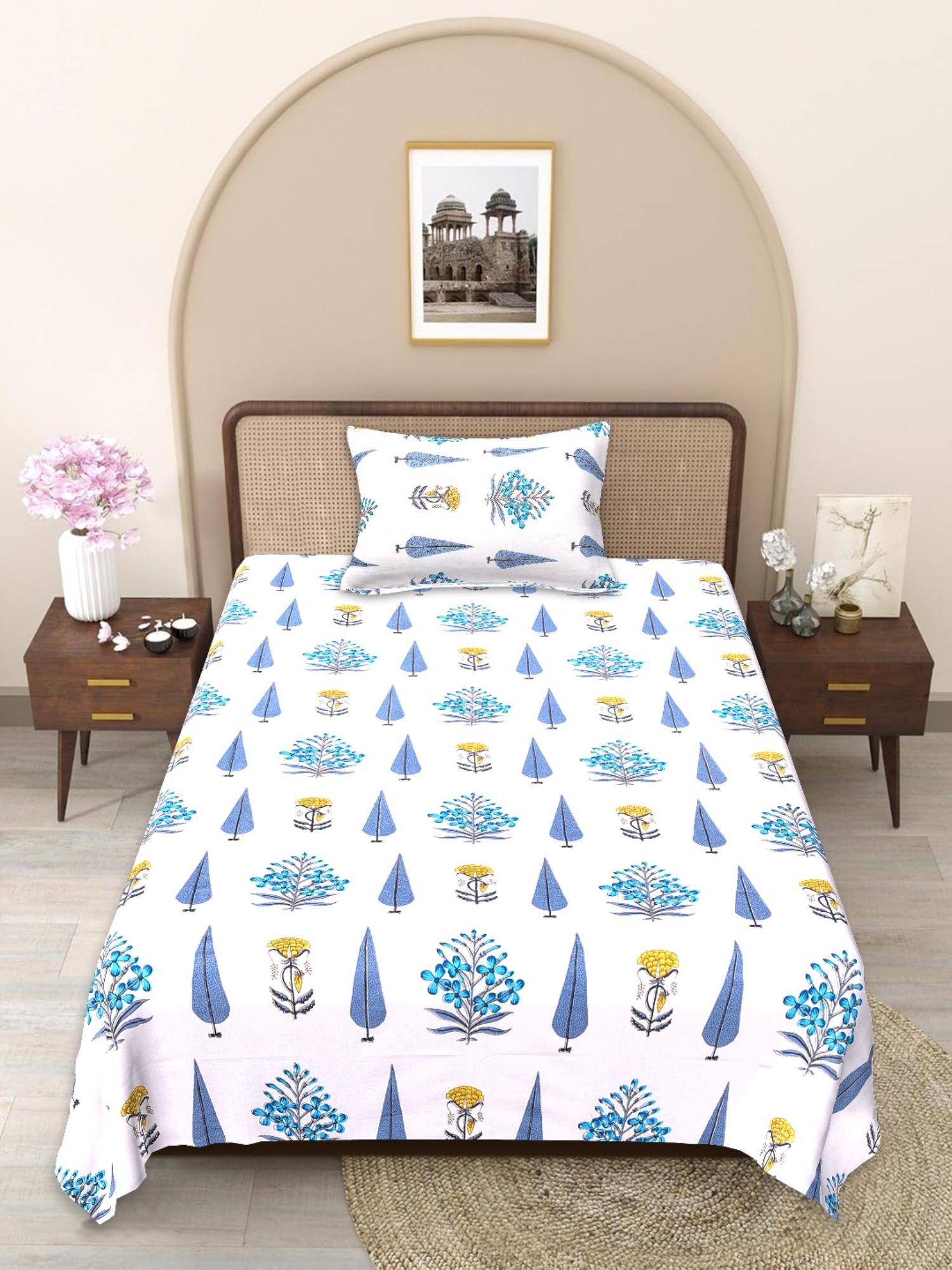 JAIPUR FABRIC Blue-White Floral Handblocked Pure Cotton Bedsheet with 1 Pillow Cover (Single)