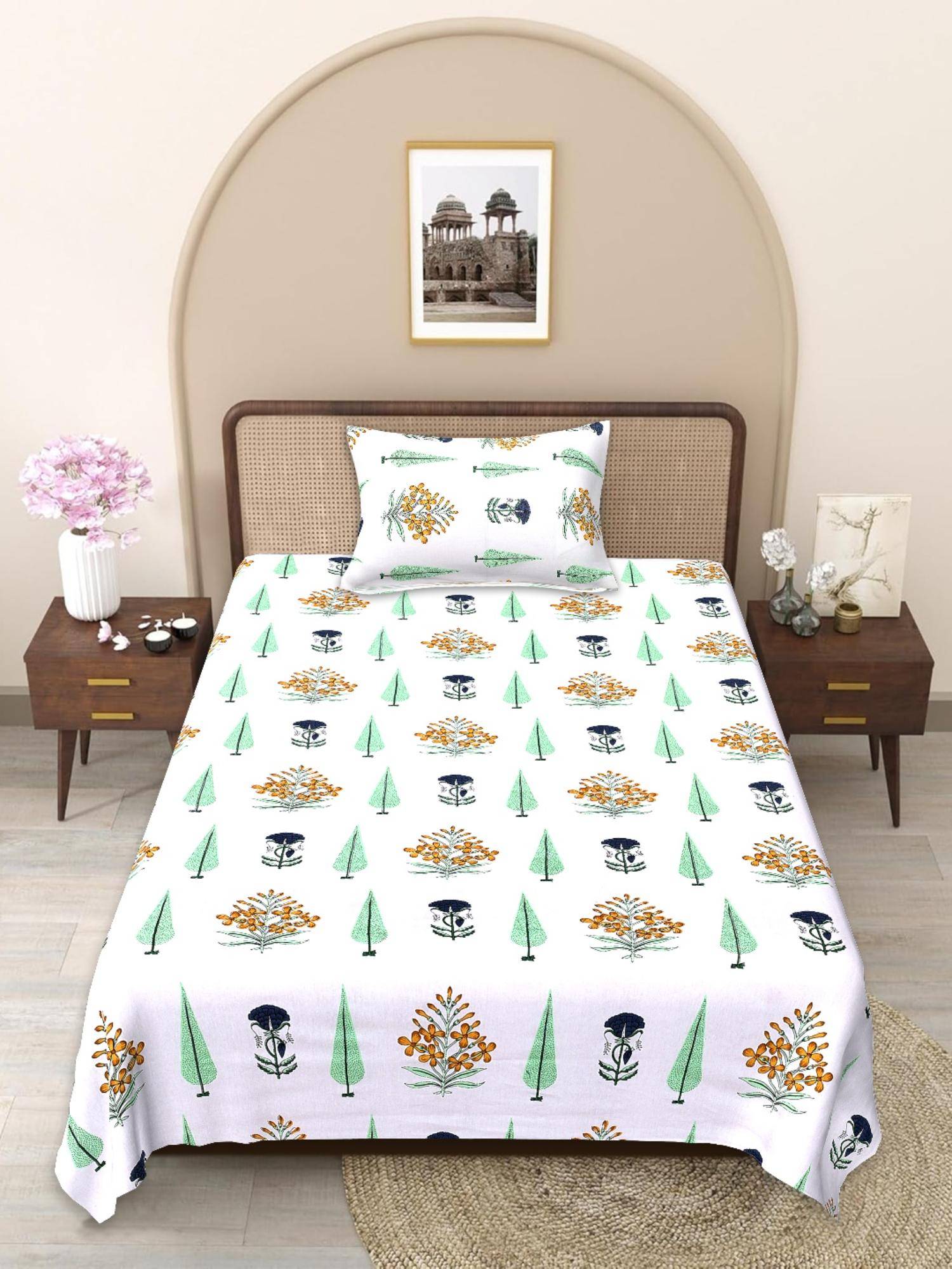 JAIPUR FABRIC Green-White Handblocked Pure Cotton Bedsheet with 1 Pillow Cover (Single)