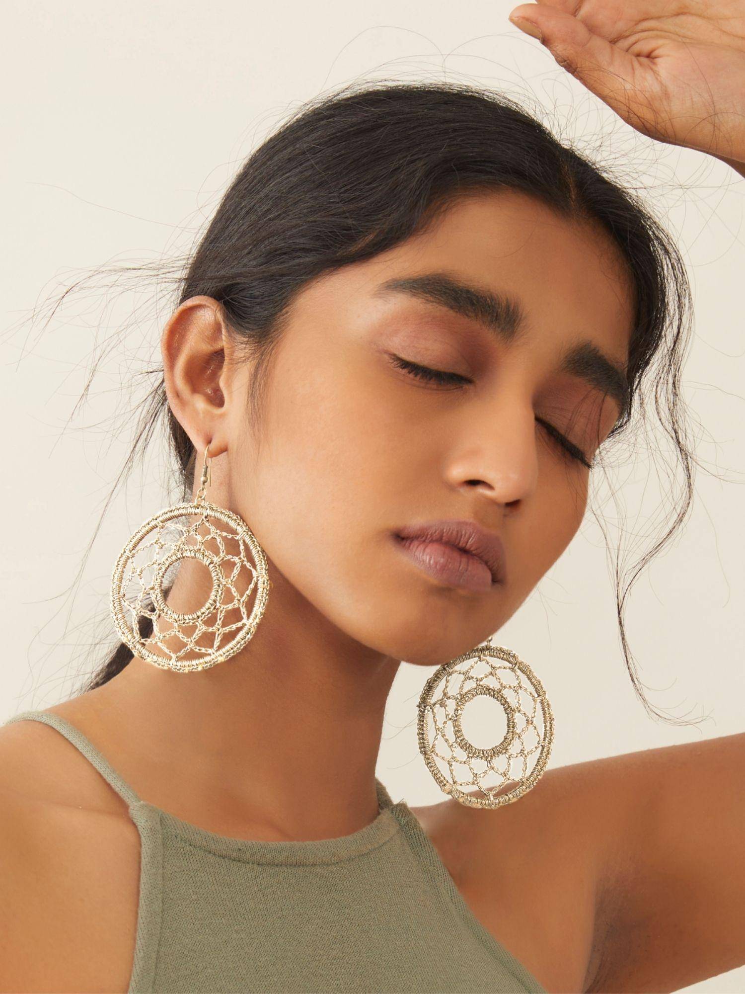 WHE Handmade Golden Round Crochet Earring
