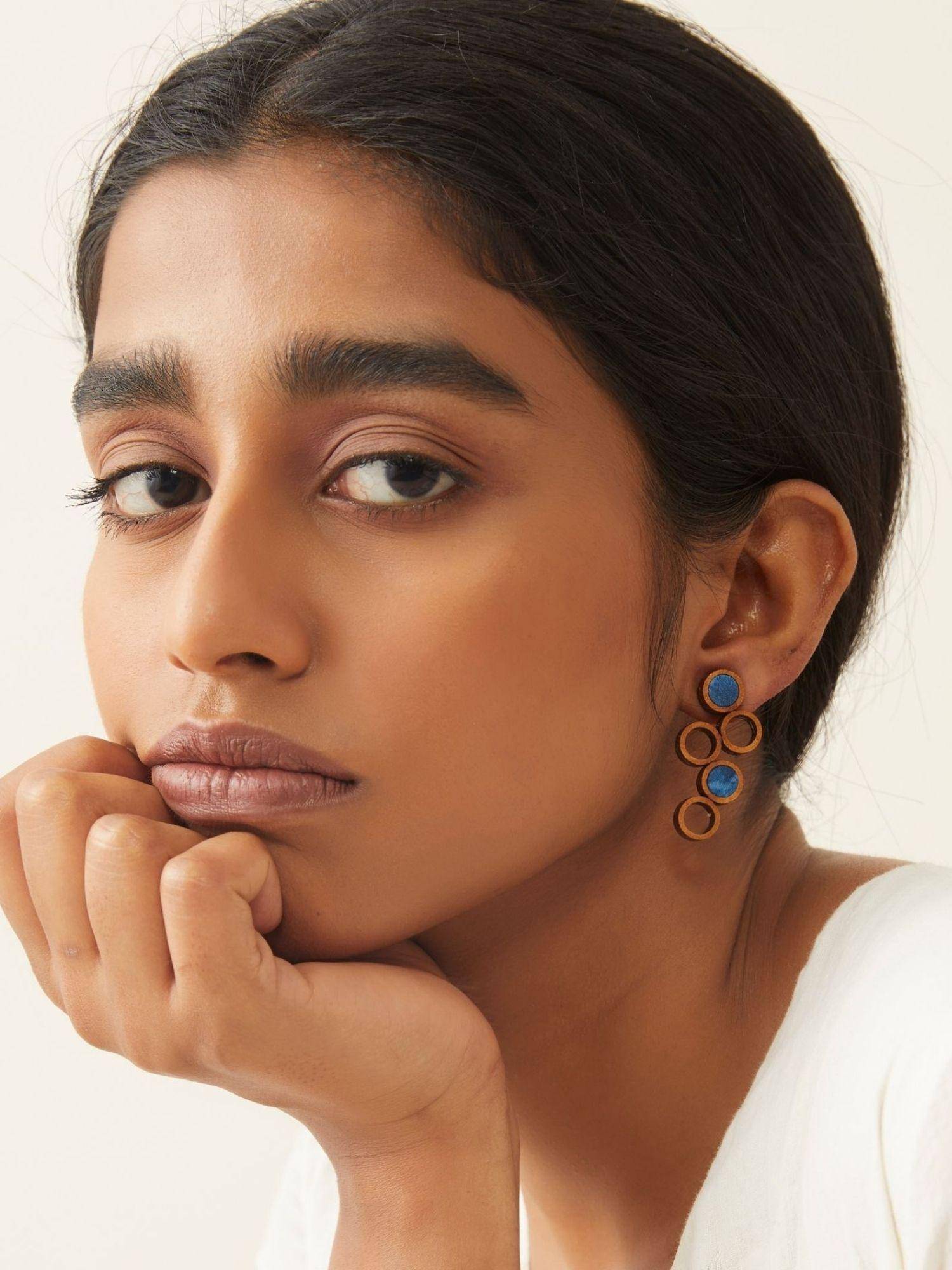 WHE Blue Unity Repurposed Fabric and Wood Earring