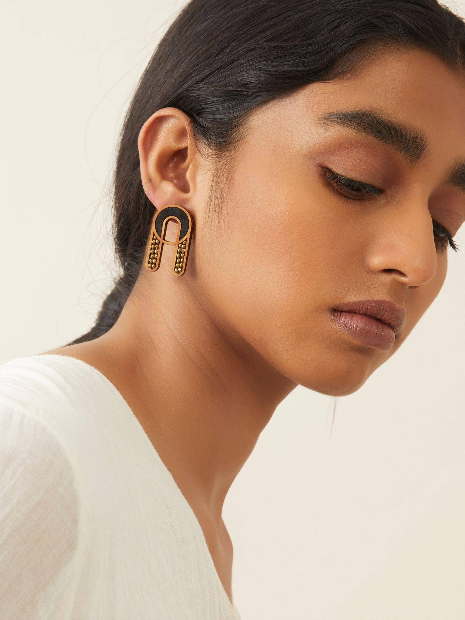 WHE Black Repurposed Fabric and Wood Earring with Glass Beads