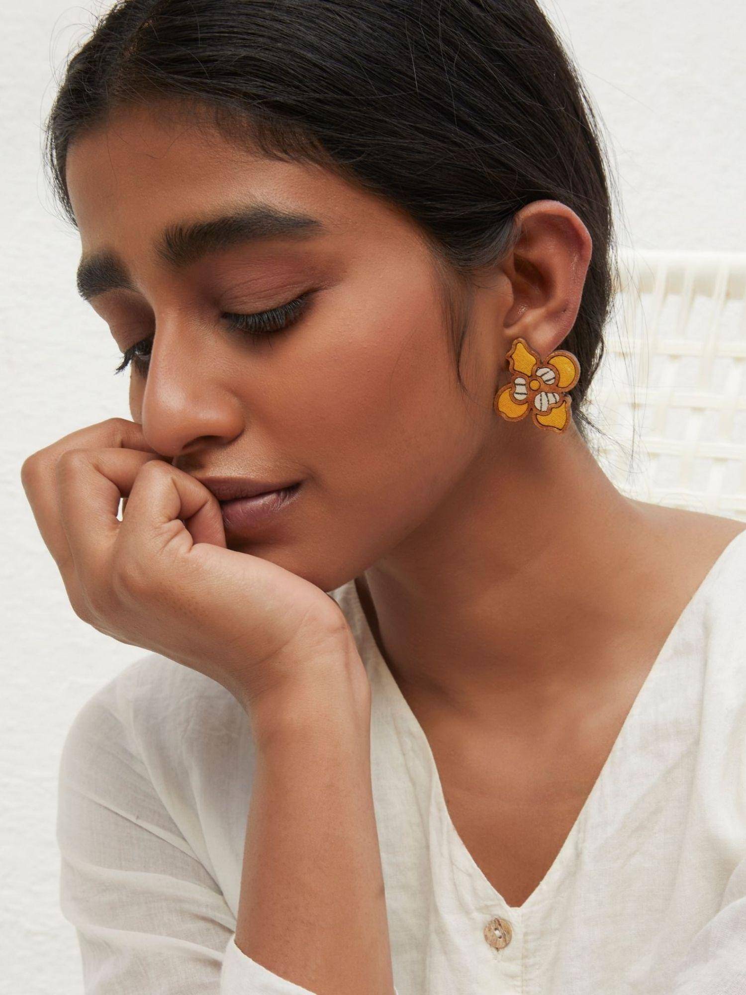 WHE Yellow Bloom Repurposed Fabric and Wood Flower Studs