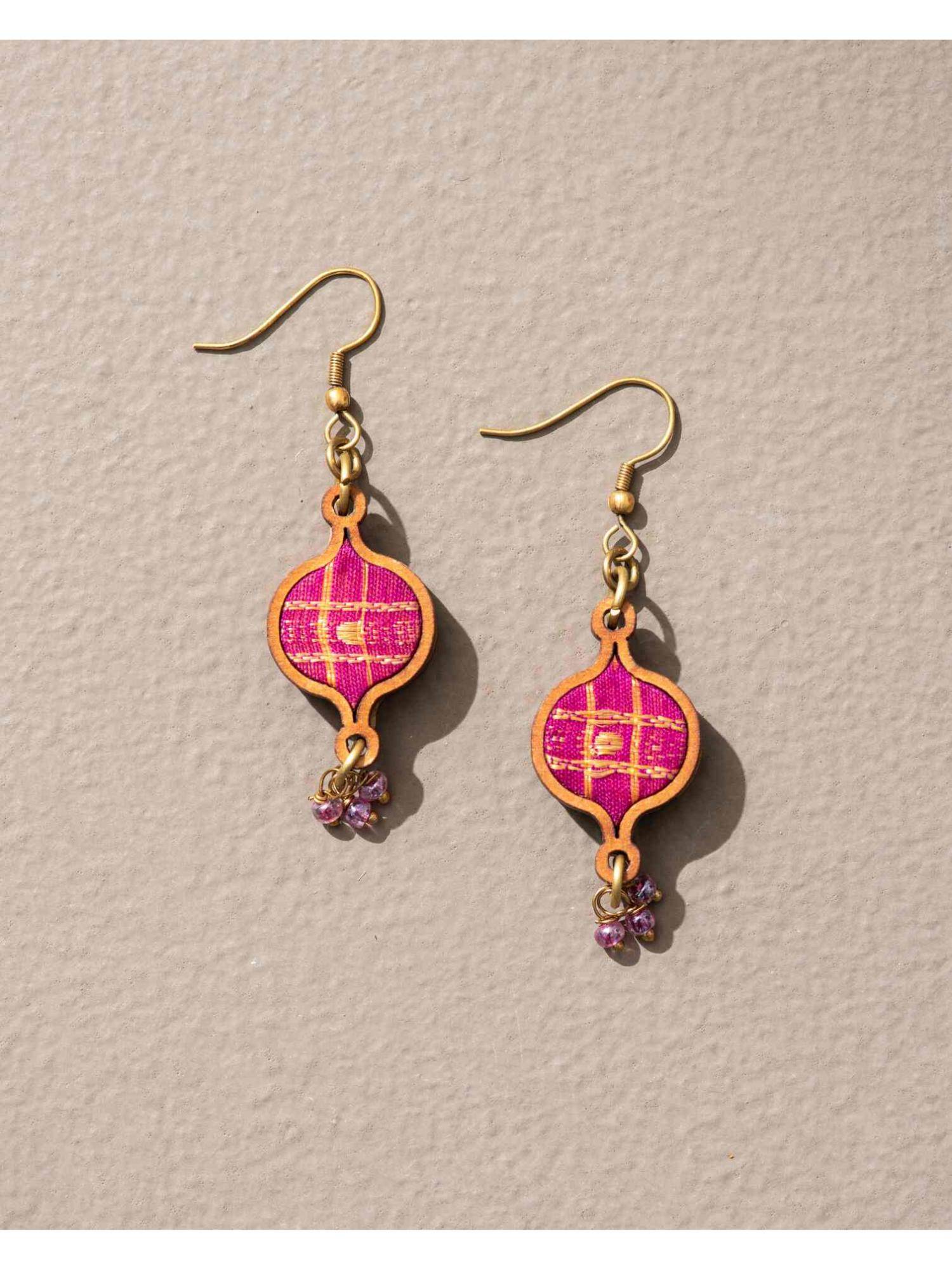 WHE Pink Festive Repurposed Fabric and Wood Round Earring