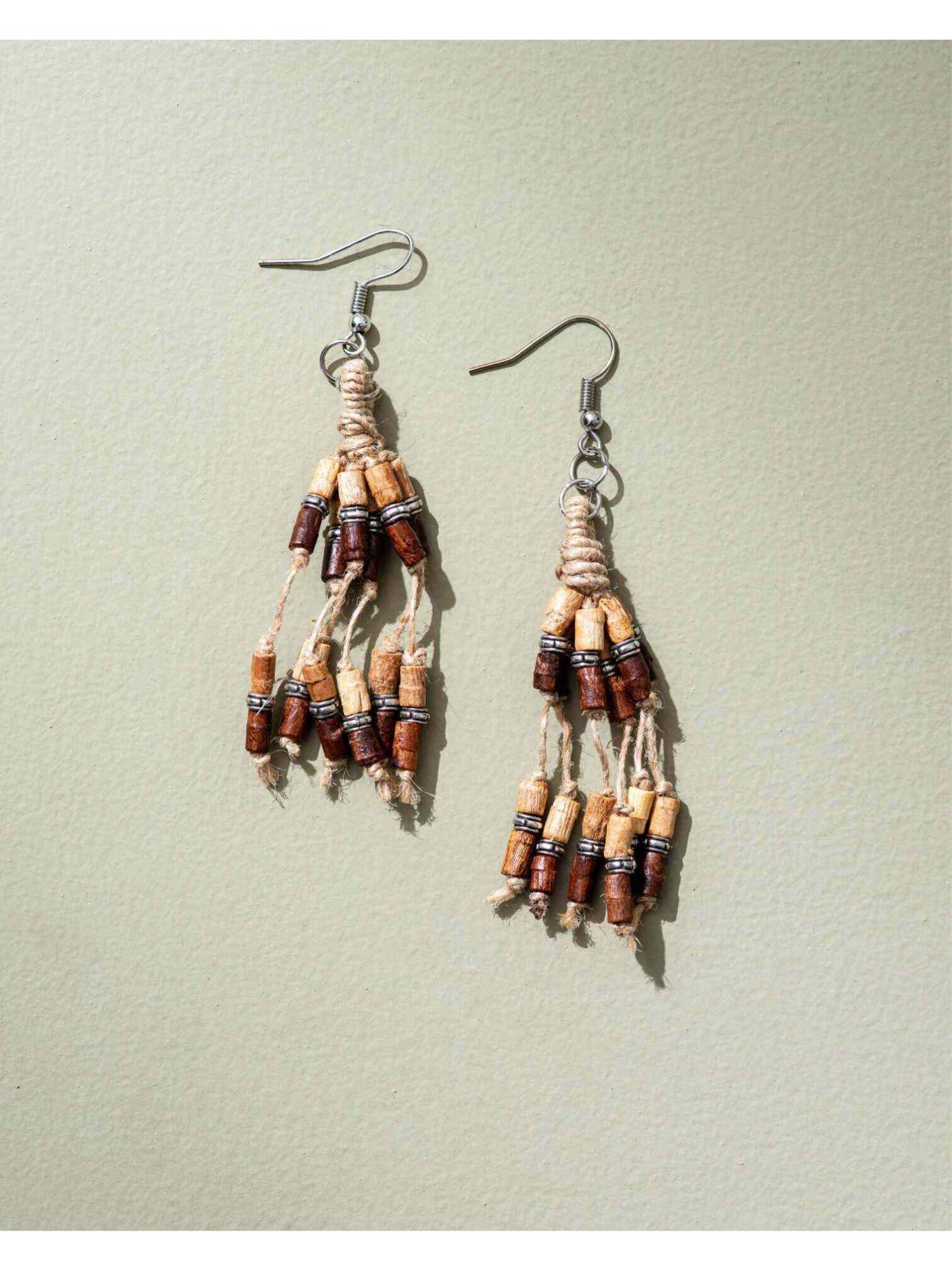 WHE Multilayer Jute, Wooden Beads Earrings