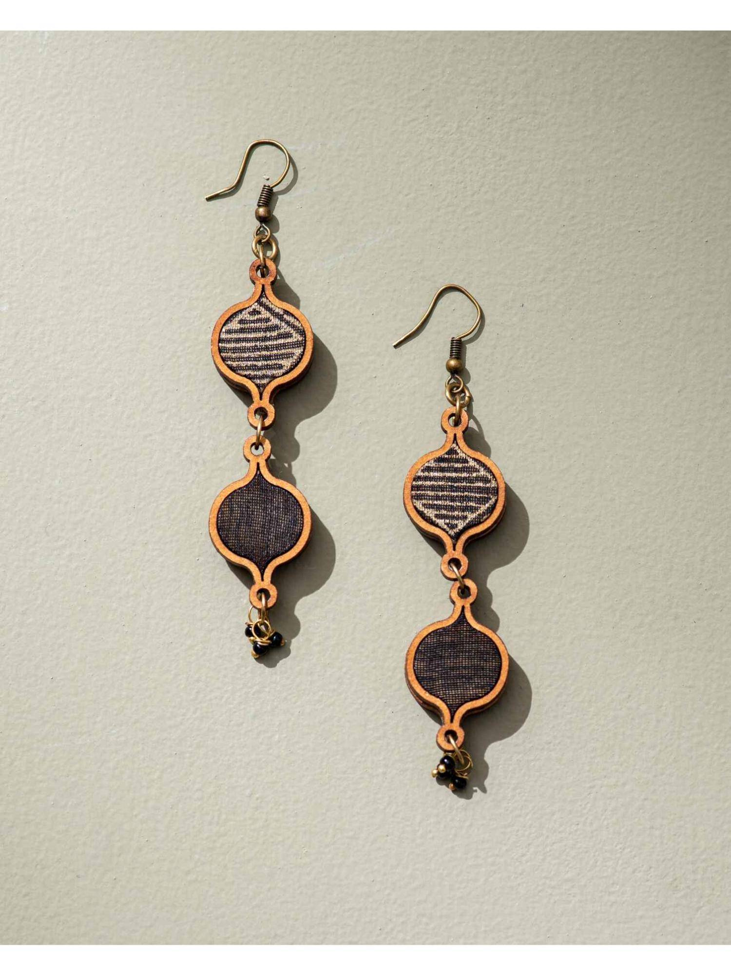 WHE Black and Gold Festive Multi Layered Repurposed Fabric and Wood Earrings