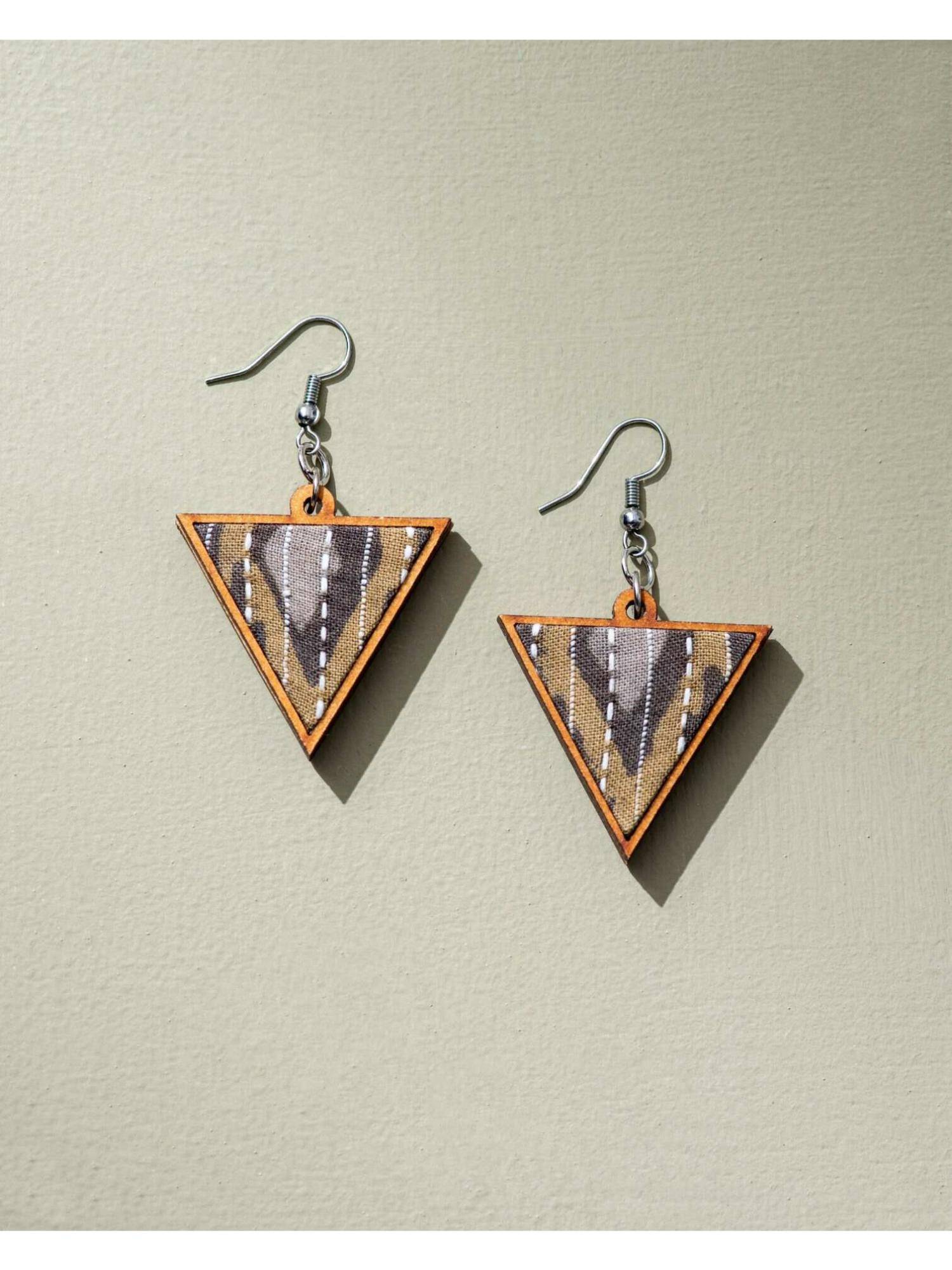 WHE Brown Repurposed Fabric and Wood Triangular Earrings