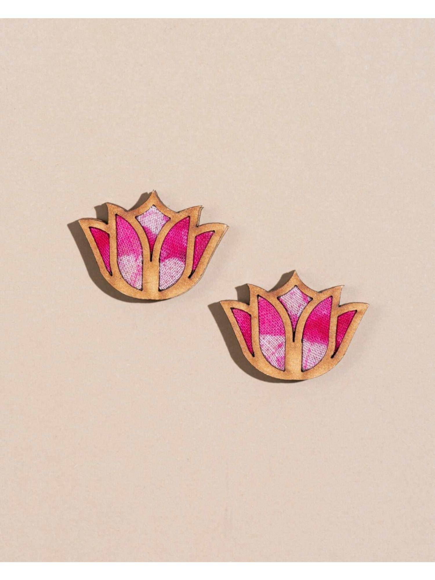 WHE Shades Of Pink Bloom Lotus Repurposed Fabric and Wood Earrings