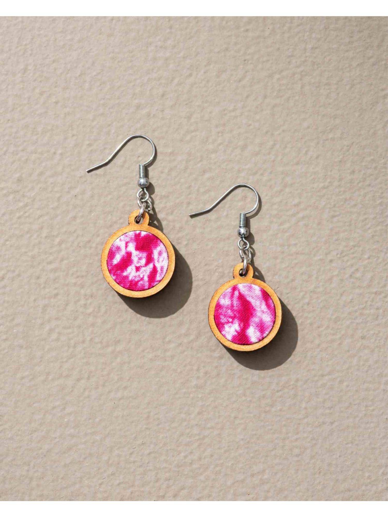 WHE Pink Tie and Dye Repurposed Wood and Fabric Danglers