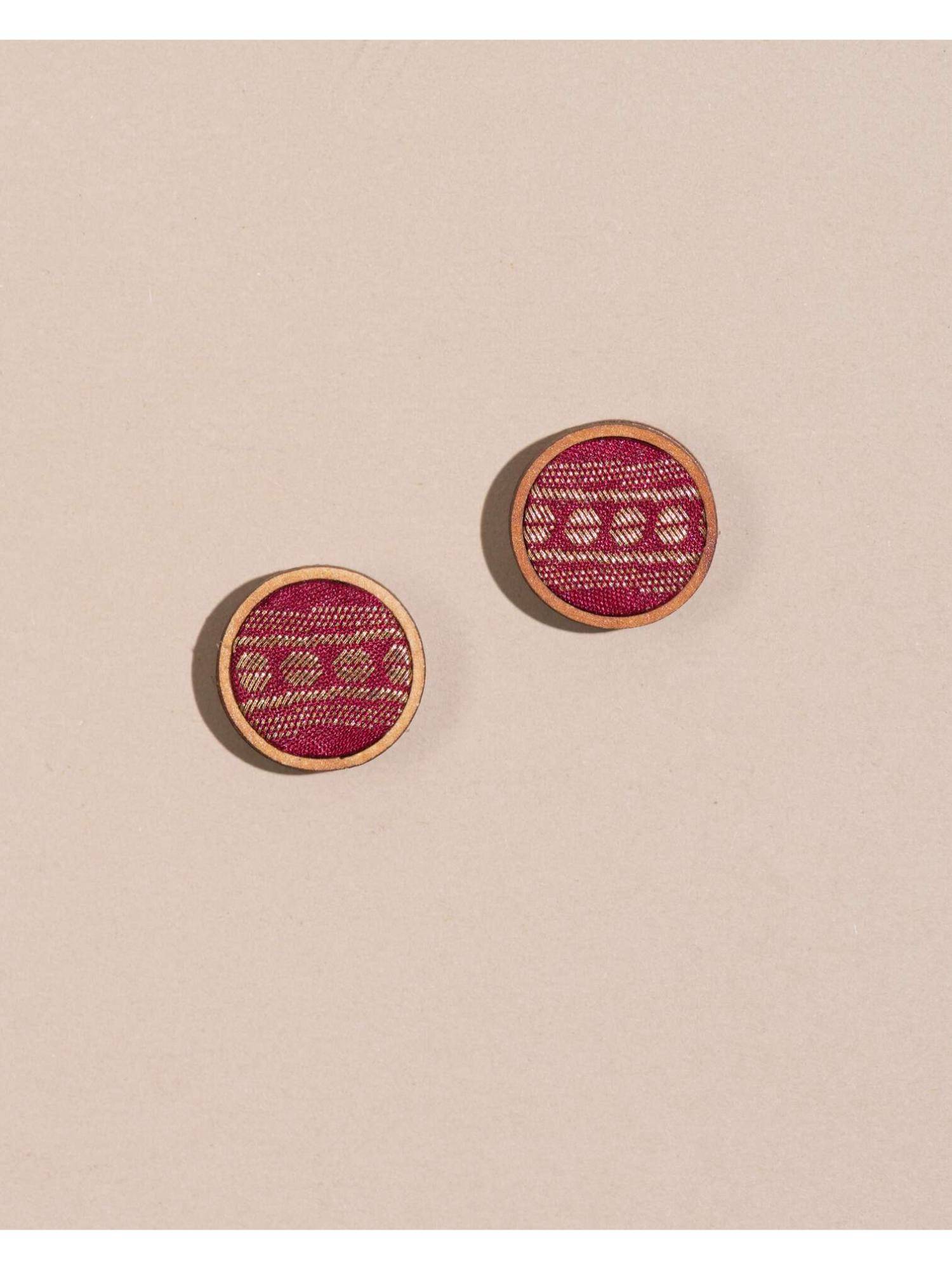WHE Handmade Red Gold Brocade Fabric and Repurposed Wood Studs Earrings