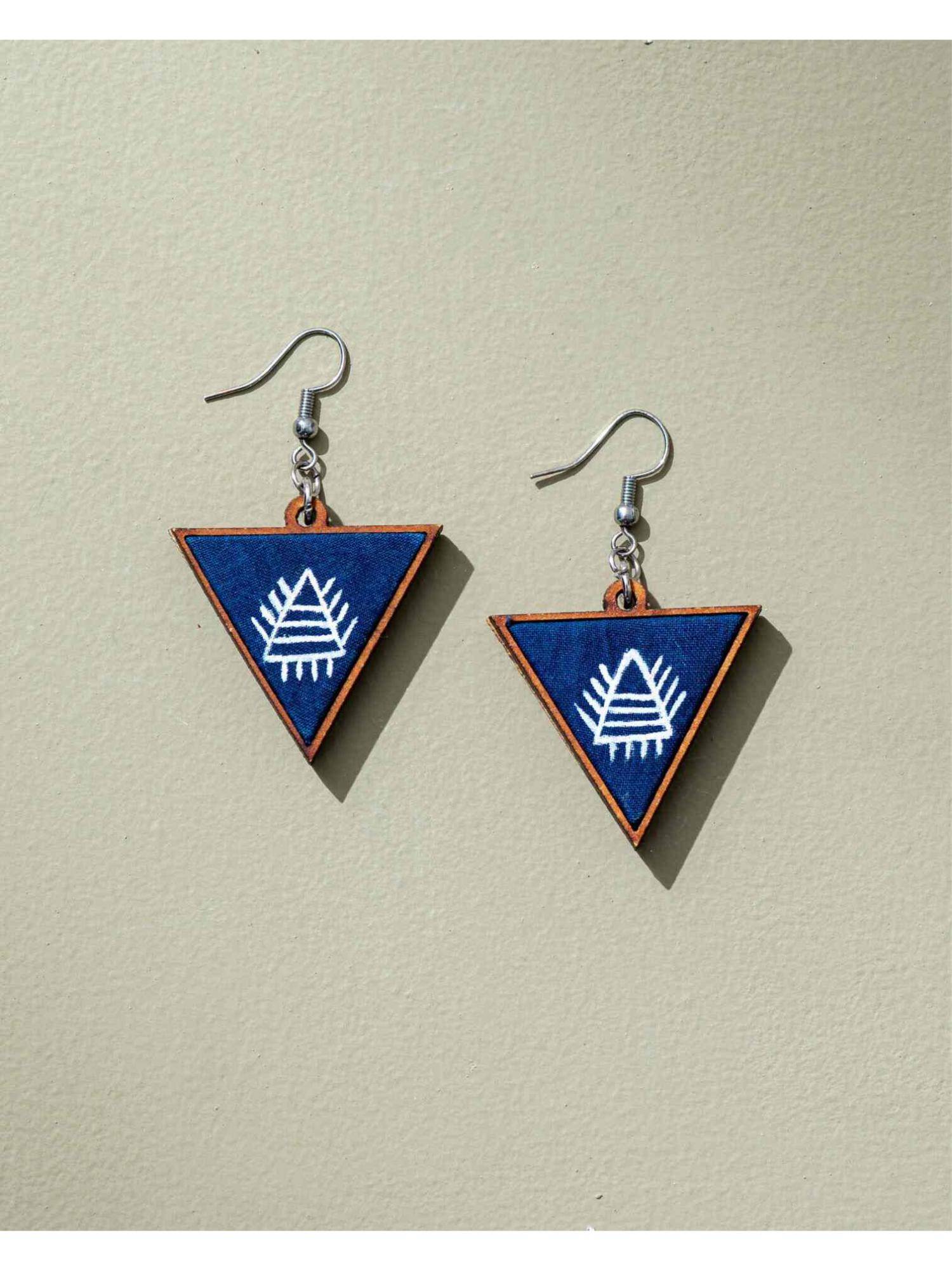 WHE Hand Painted Blue Repurposed Fabric and Wood Triangular Earrings