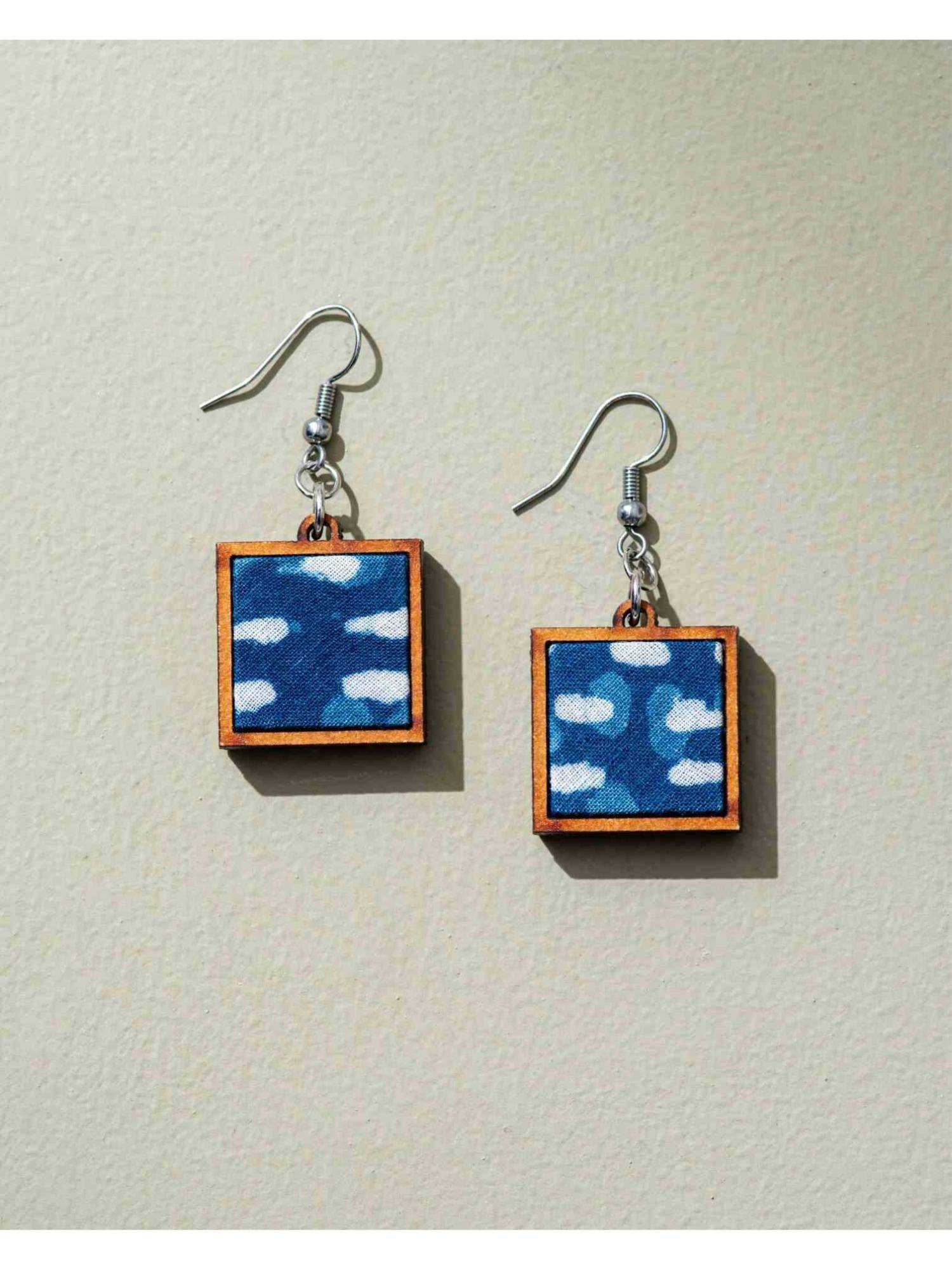 WHE Indigo Repurposed Fabric and Wood Square Earrings