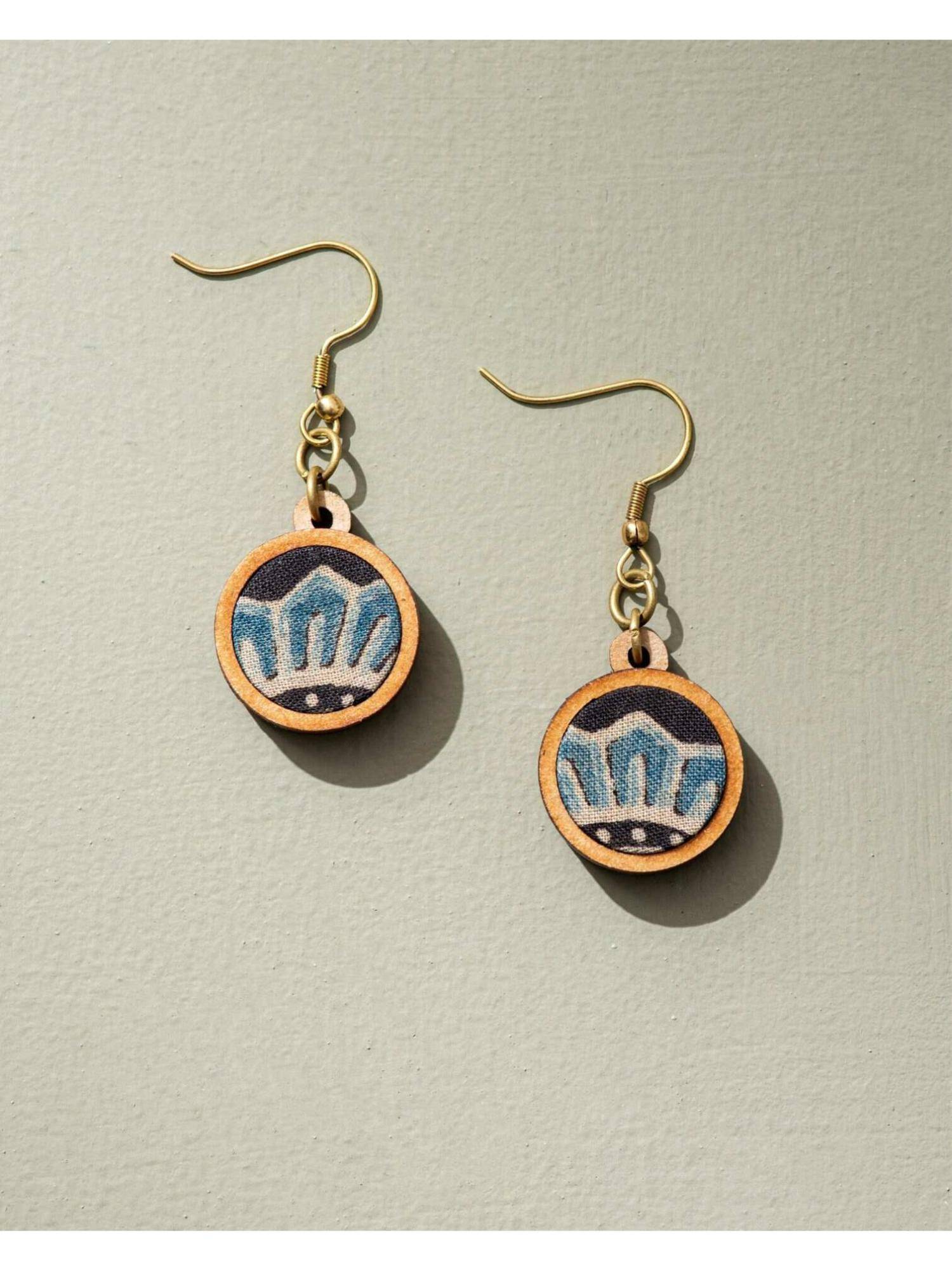 WHE Blue Black Ajrakh Fabric and Repurposed Wood Earrings
