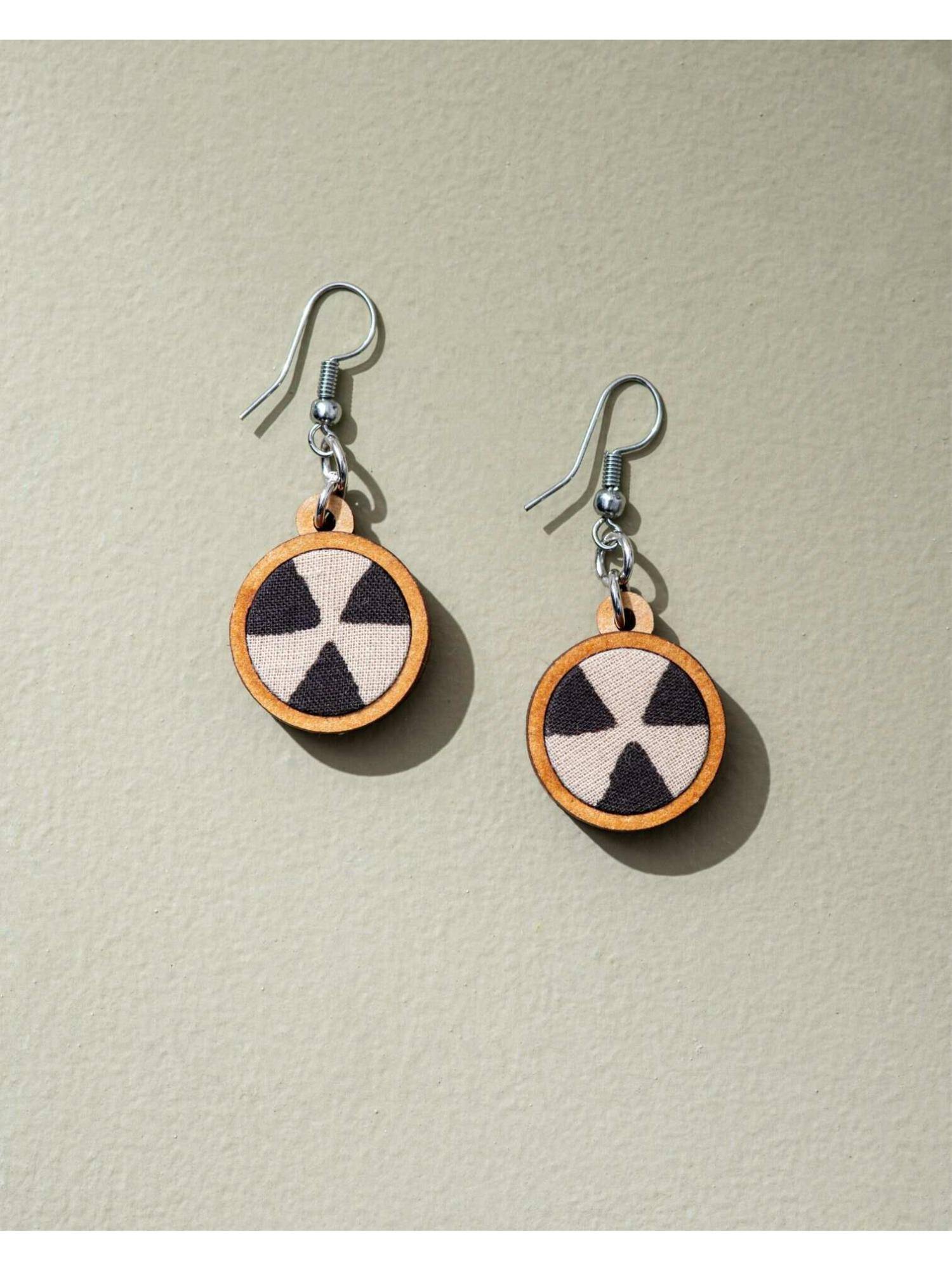 WHE Black and Beige Fabric and Repurposed Wood Earrings