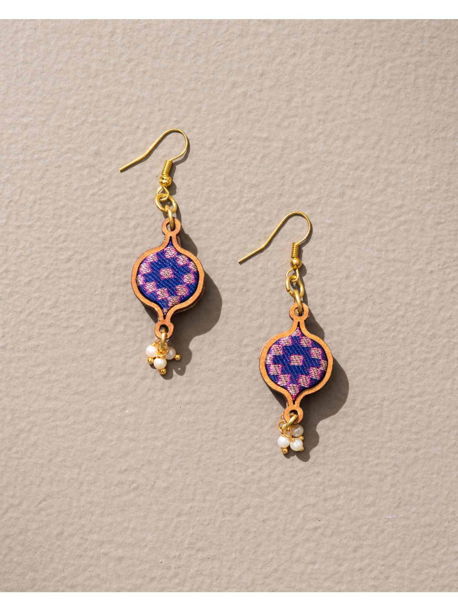 WHE Blue Brocade Festive Repurposed Fabric and Wood Earrings