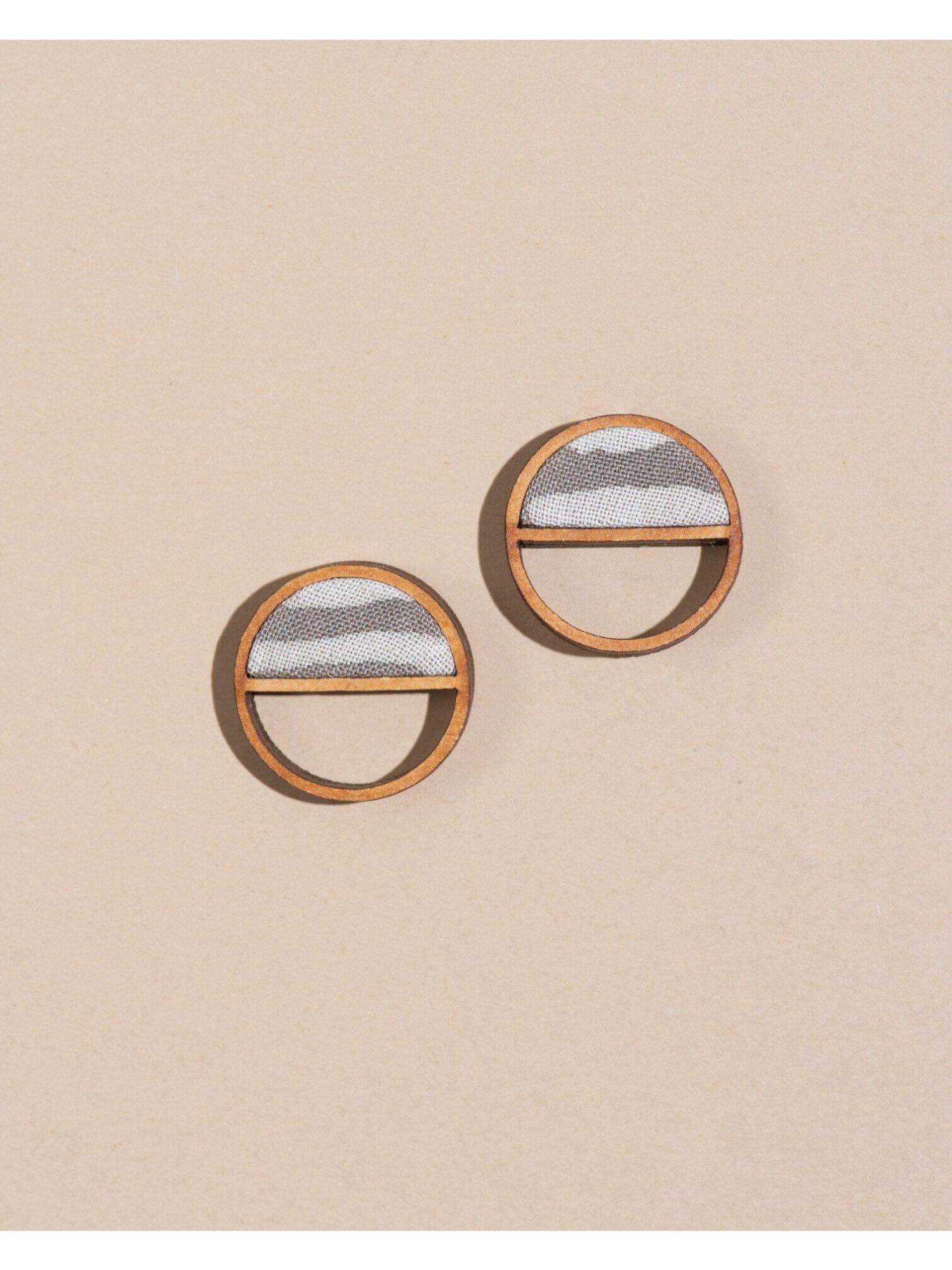 WHE Grey Line Repurposed Fabric and Wood Semi Circle Studs Earrings