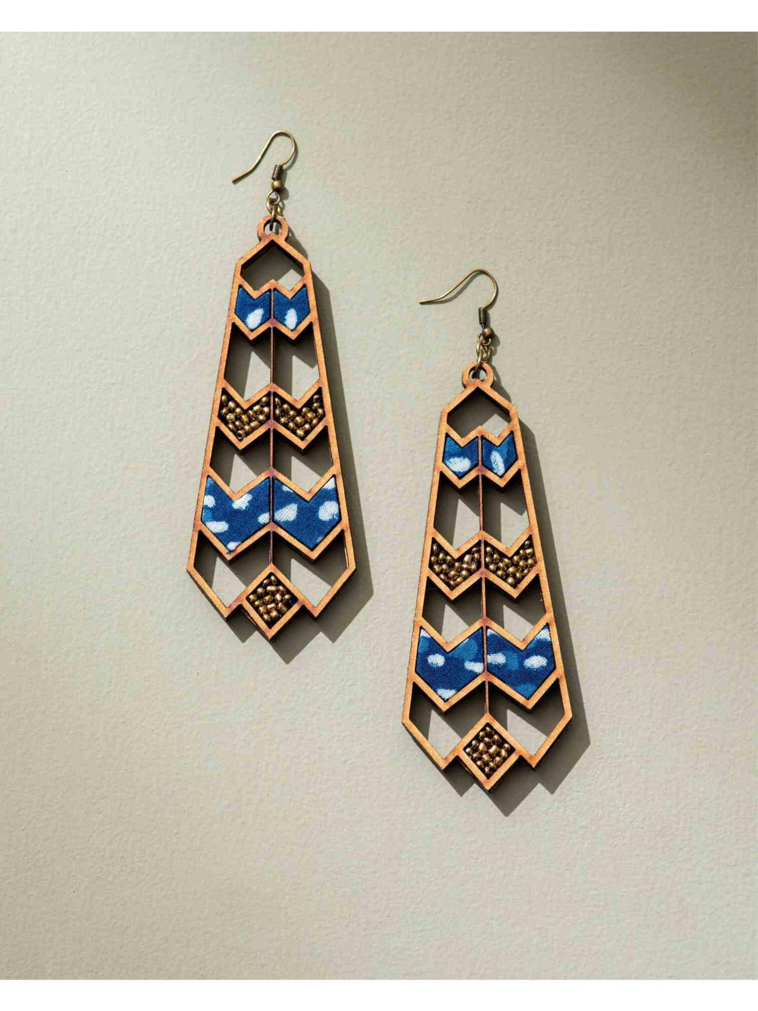 WHE Blue Wave Pattern Repurposed Fabric and Wood Earrings