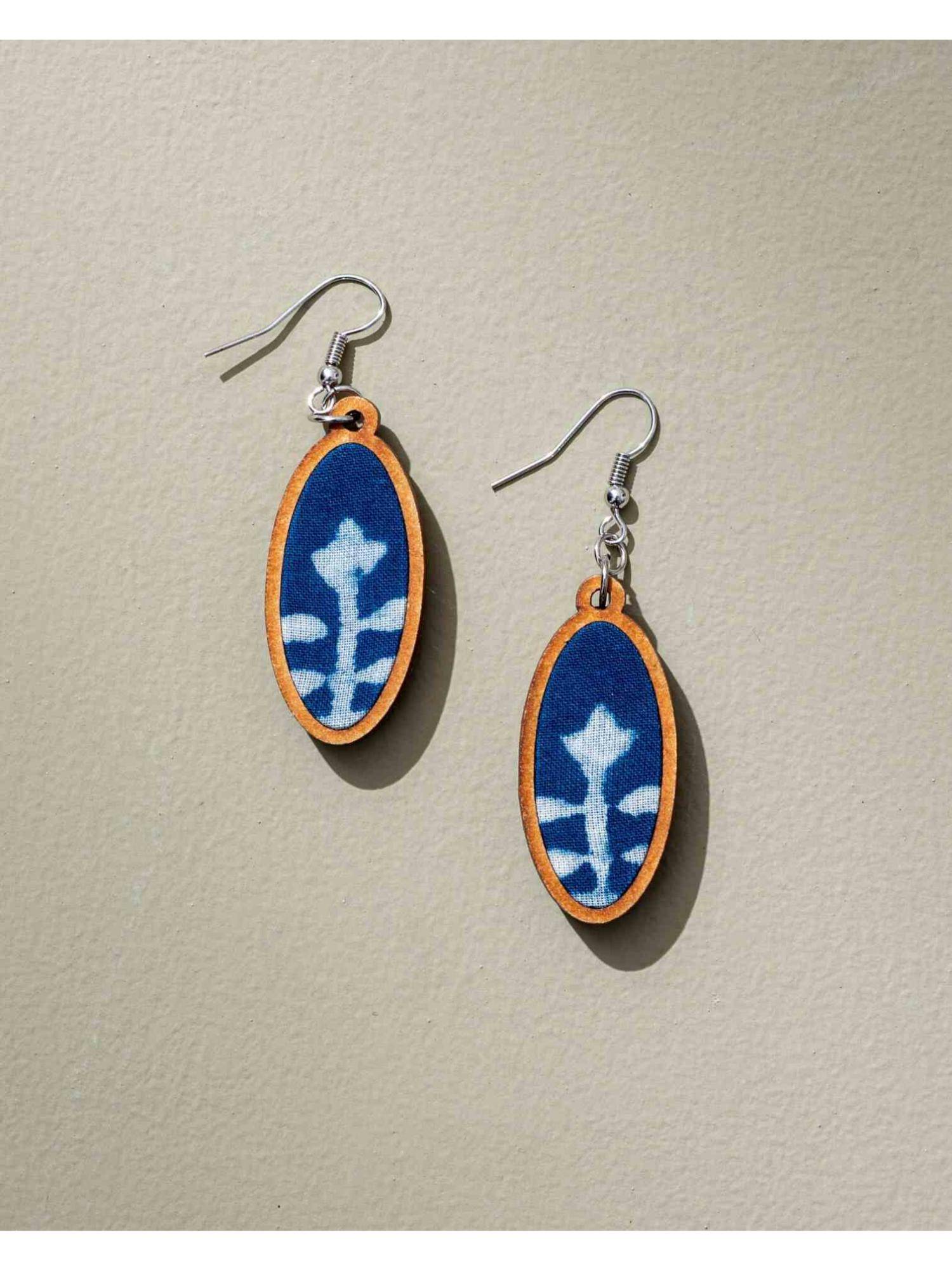 WHE Indigo Repurposed Fabric and Wood Oval Earrings