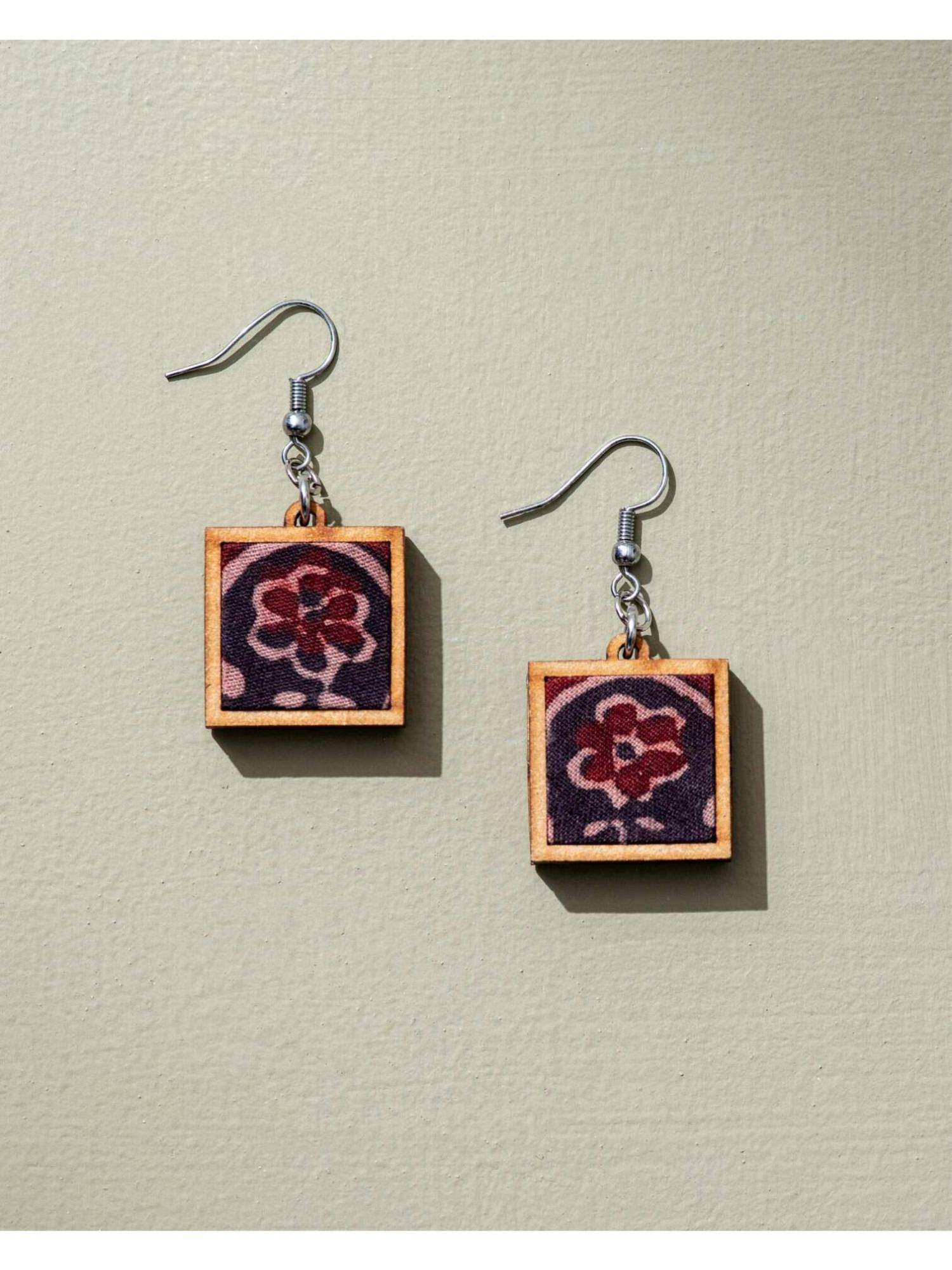 WHE Black Repurposed Ajrakh Fabric and Repurposed Wood Earrings