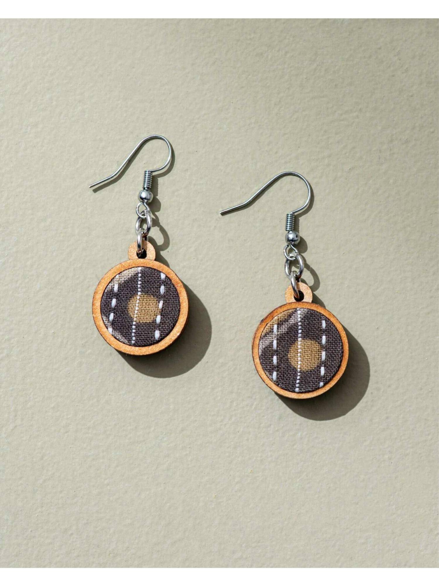 WHE Brown Fabric and Repurposed Wood Earrings
