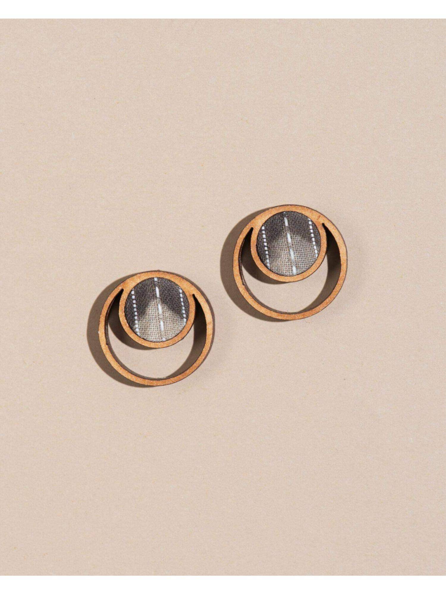 WHE Grey Batik Fabric and Repurposed Wood Studs Earrings