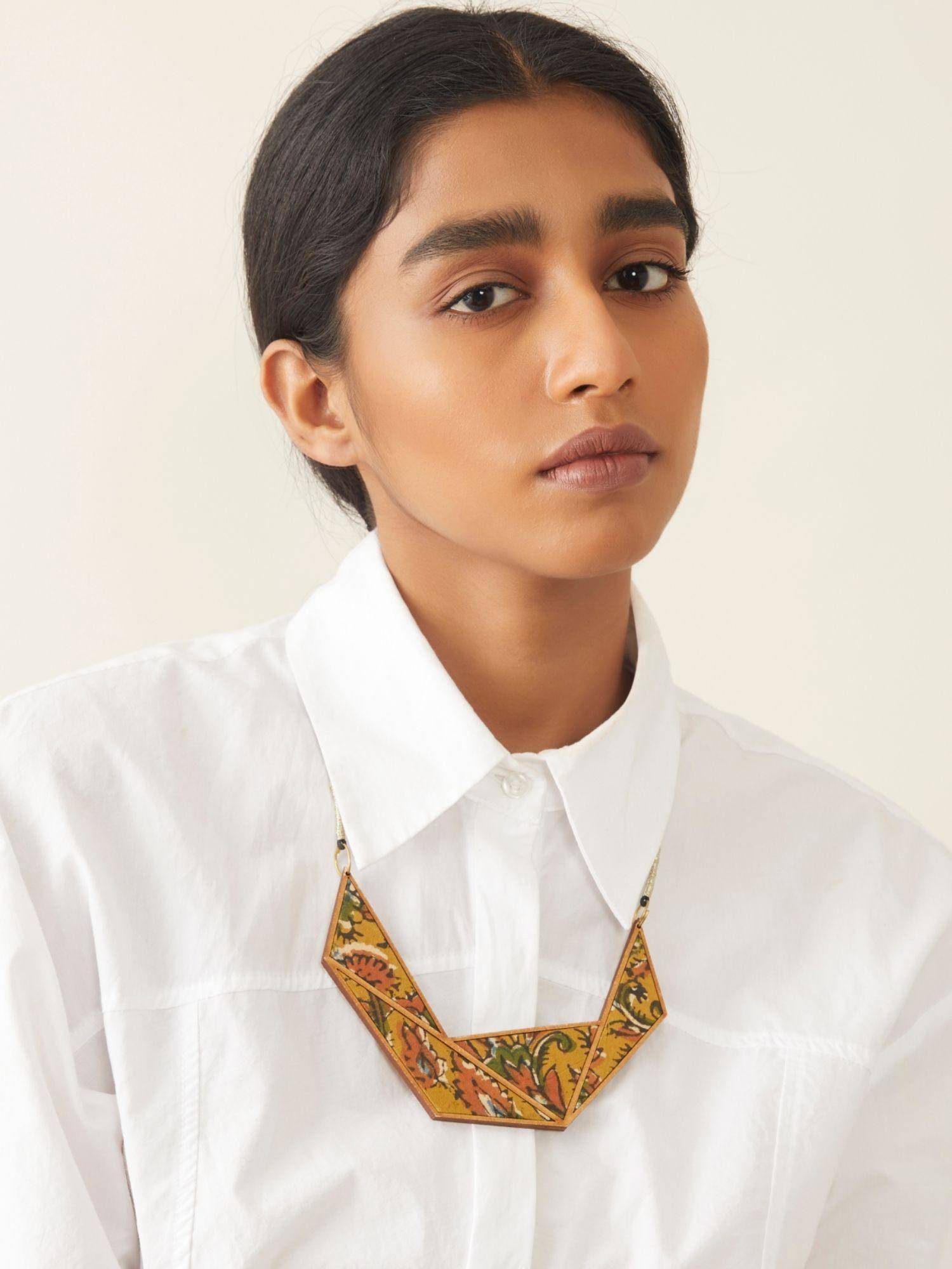WHE Kalamkari Connecting Triangle Repurposed Fabric and Wood Necklace