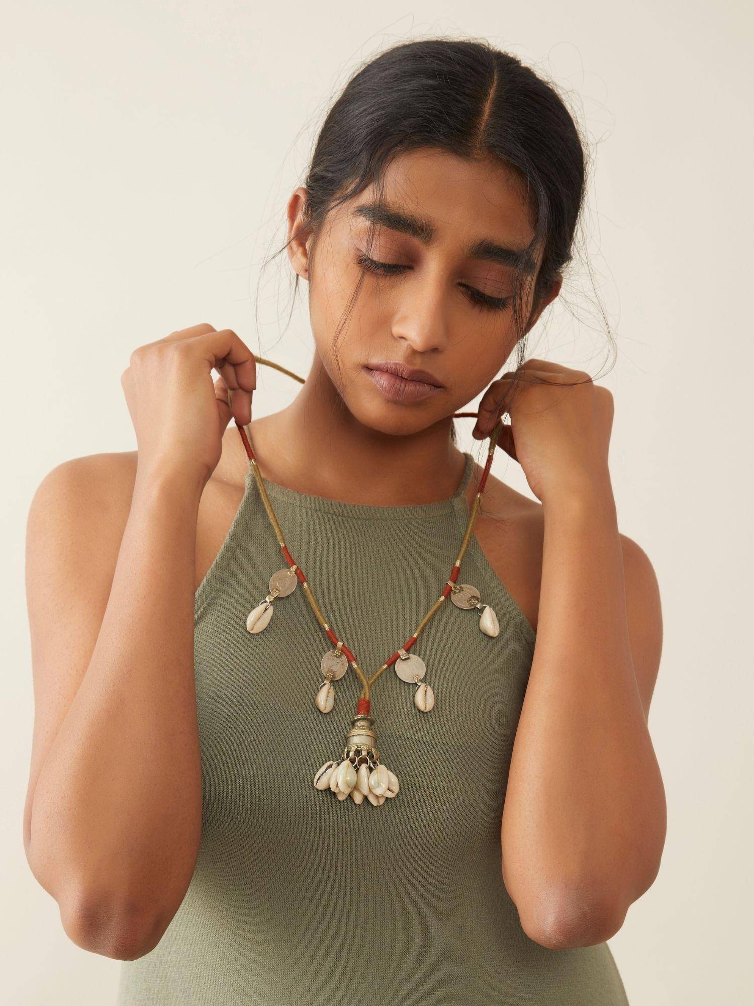 WHE Boho Repurposed Metal And Cowry Necklace With Fine Thread Wrapping