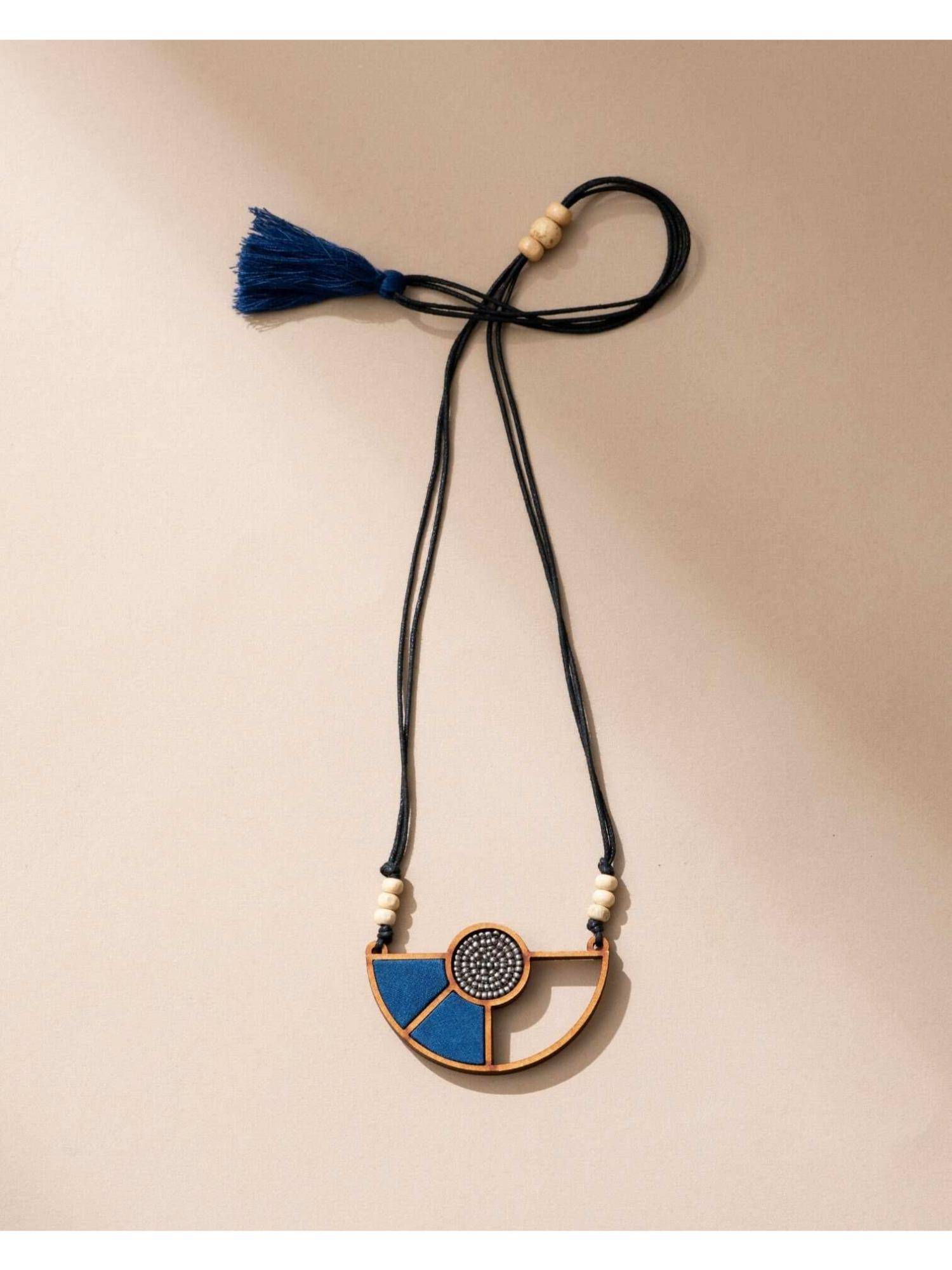 WHE Blue Geometrical Repurposed Fabric and Wood Adjustable Pendant Necklace