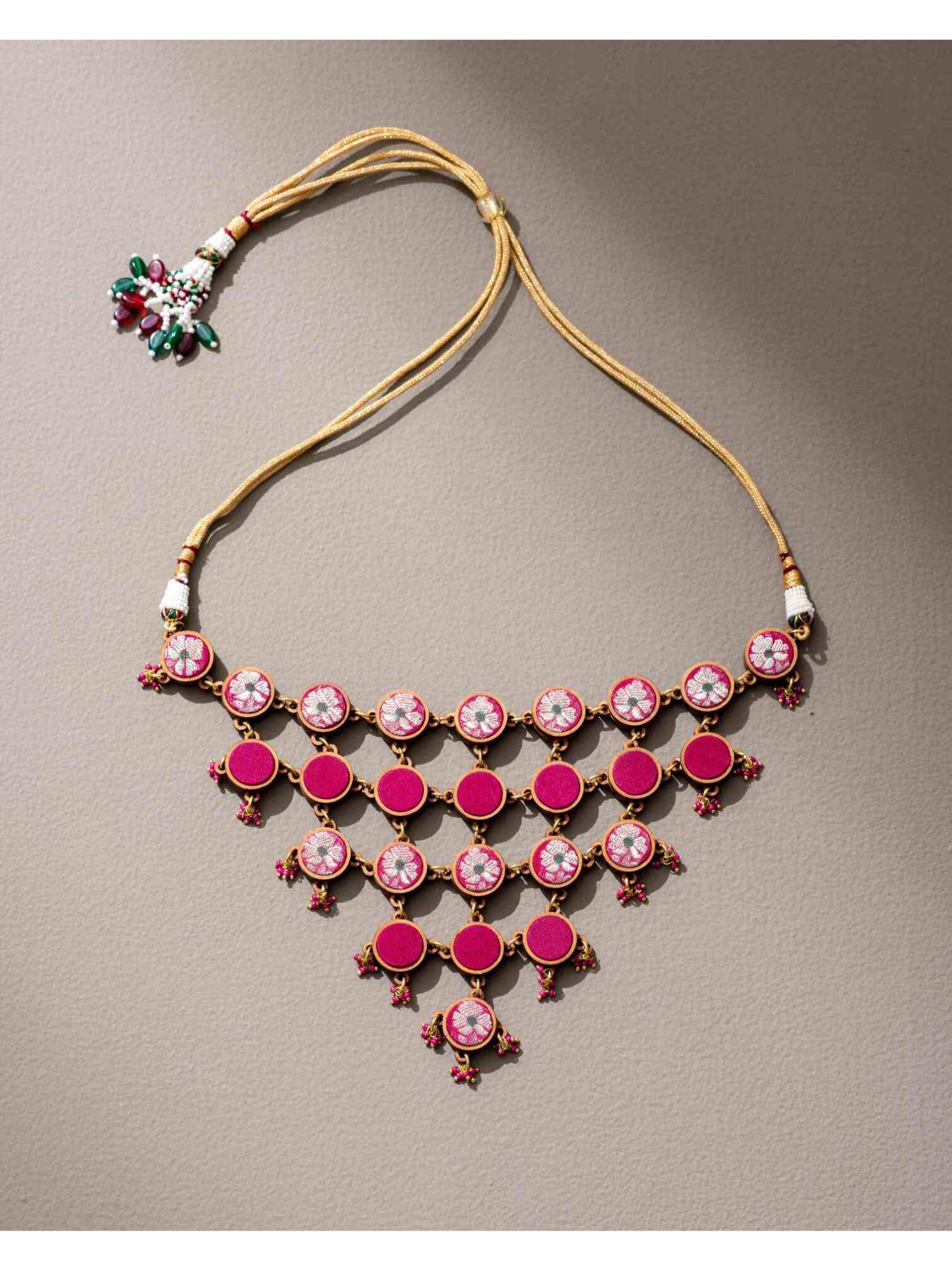 WHE Pink Pure Banarasi Repurposed Fabric and Wood Adjustable Statement Choker Necklace
