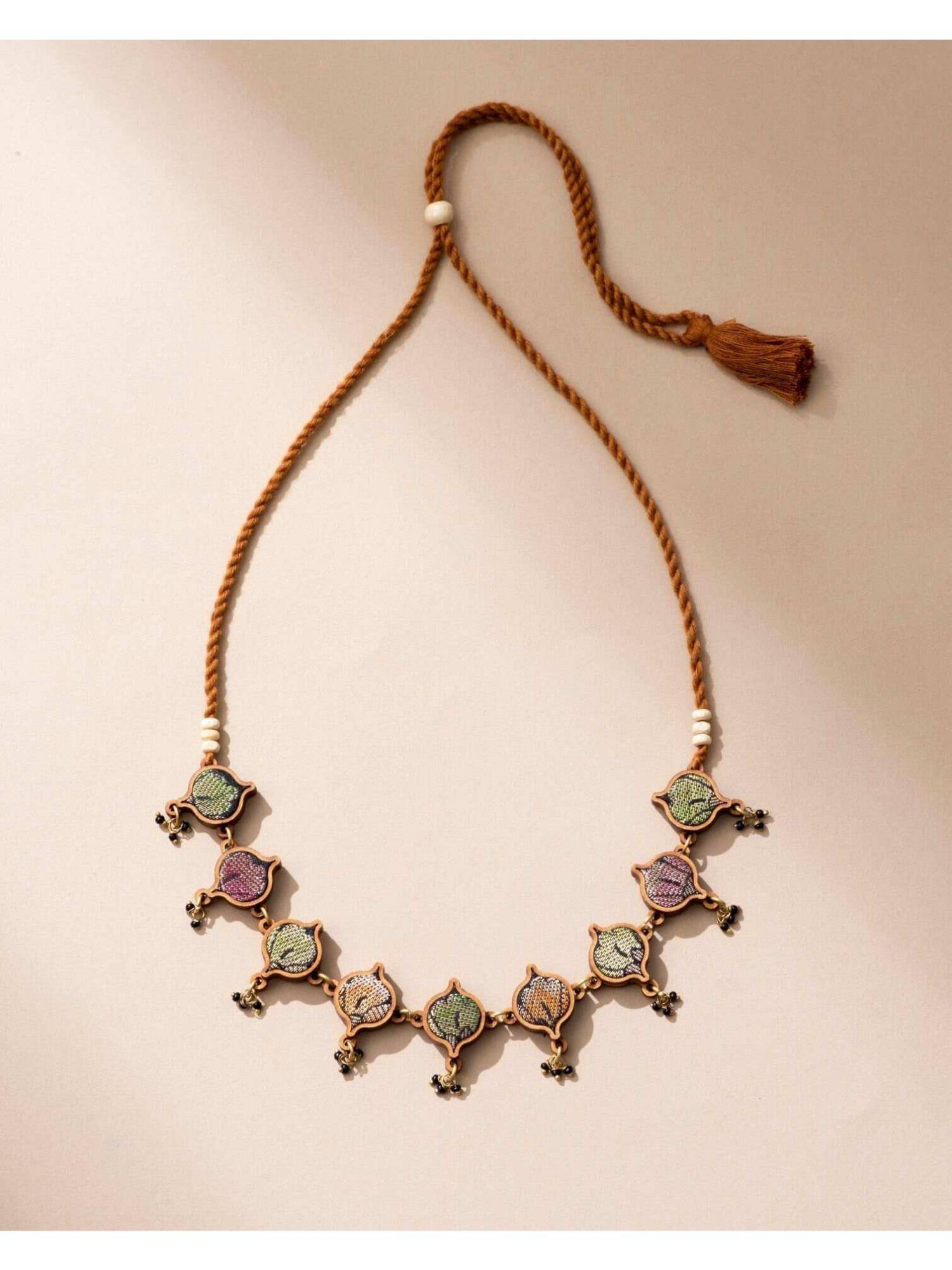 WHE Multicolor Festive Repurposed Fabric and Wood Choker Necklace