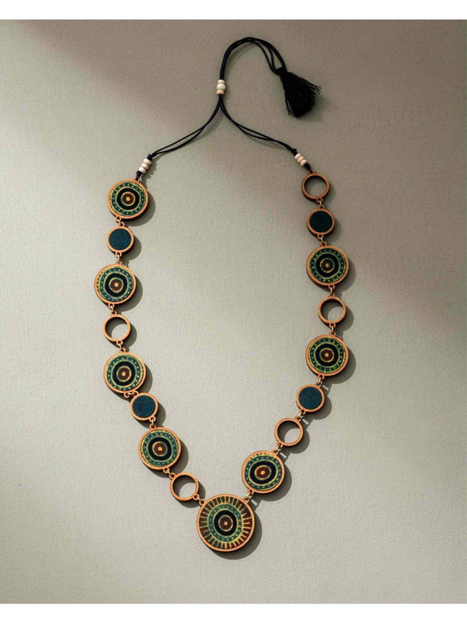 WHE Reversible 2-In-1 Blue Green Repurposed Fabric and Wood Necklace