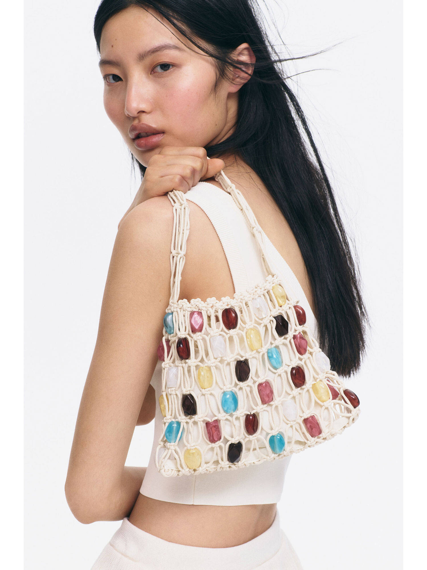 H&M Women White Bead-Detail Net Handbag