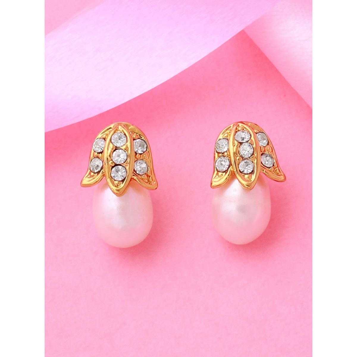 Estele Gold Plated Leaf Shaped Earrings with Pearl for Women