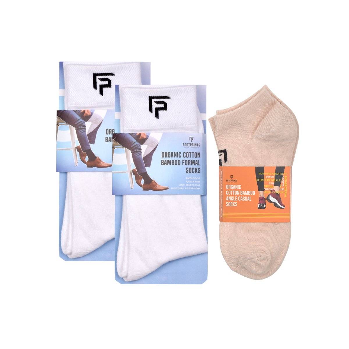 Footprints Odour Free Organic Cotton & Bamboo 2 Men Formal & 1 Ankle Casual Socks Pack of 3