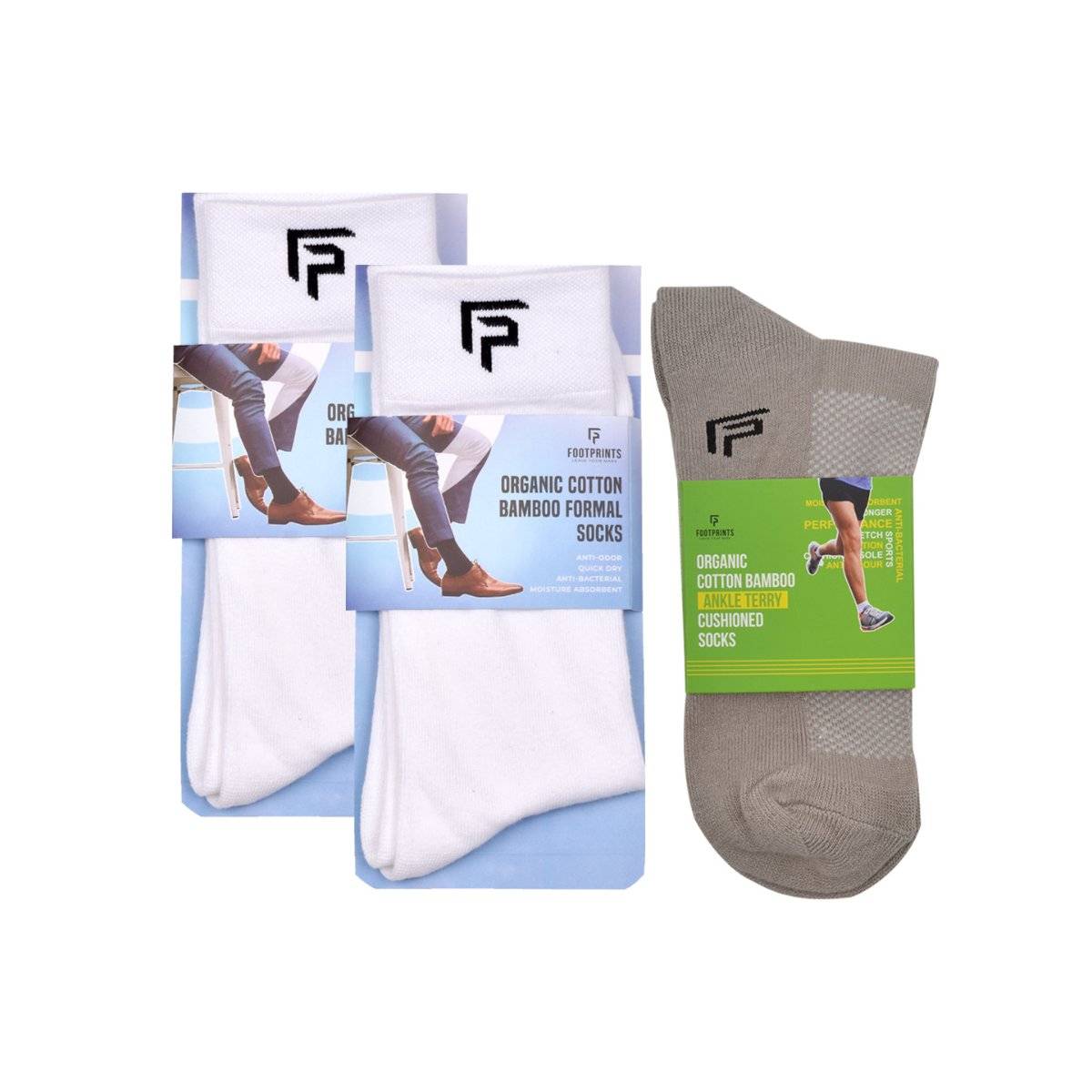 Footprints Odour Free Organic Cotton & Bamboo 2 Men Formal & 1 Ankle Terry Socks - Pack of 3