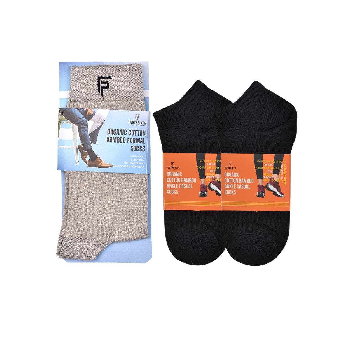 Footprints Odour Free Organic Cotton & Bamboo 1 Men Formal & 2 Ankle Casual Socks Pack of 3