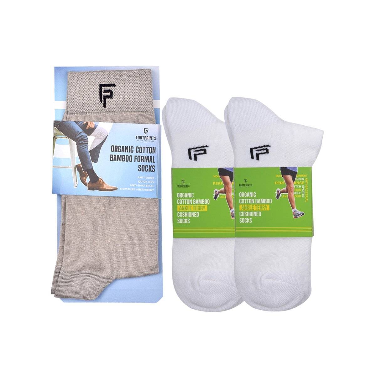 Footprints Odour Free Organic Cotton & Bamboo 1 Men Formal & 2 Ankle Terry Socks - Pack of 3