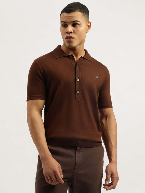 Buy United Colors of Benetton Men Solid Brown Collar Neck Polo T