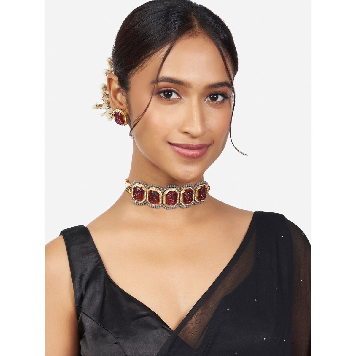 Joules By Radhika Gold Finish Pink & Grey Choker Necklace & Earrings
