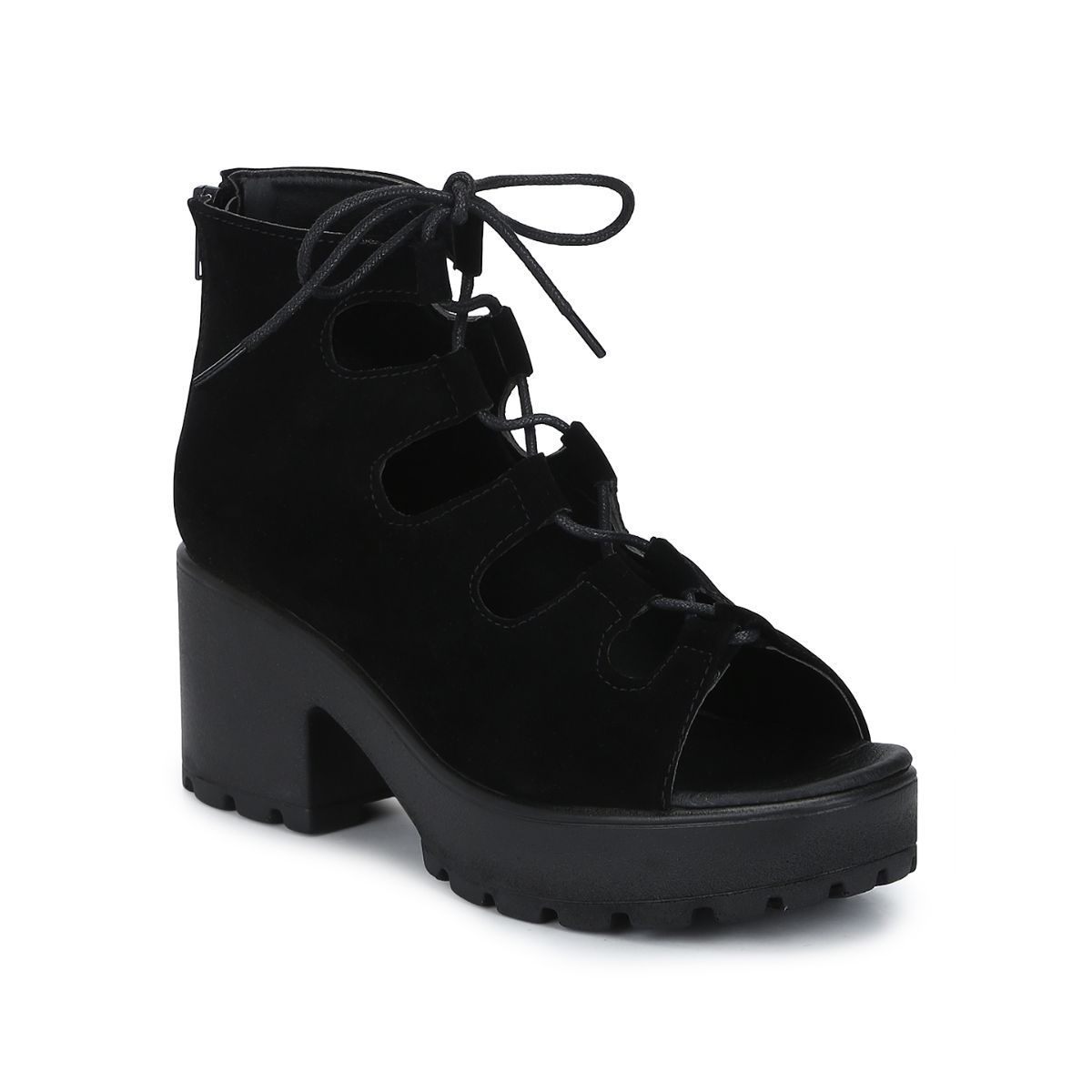 Buy Truffle Collection Black Micro Lace up Cleated Platform Block