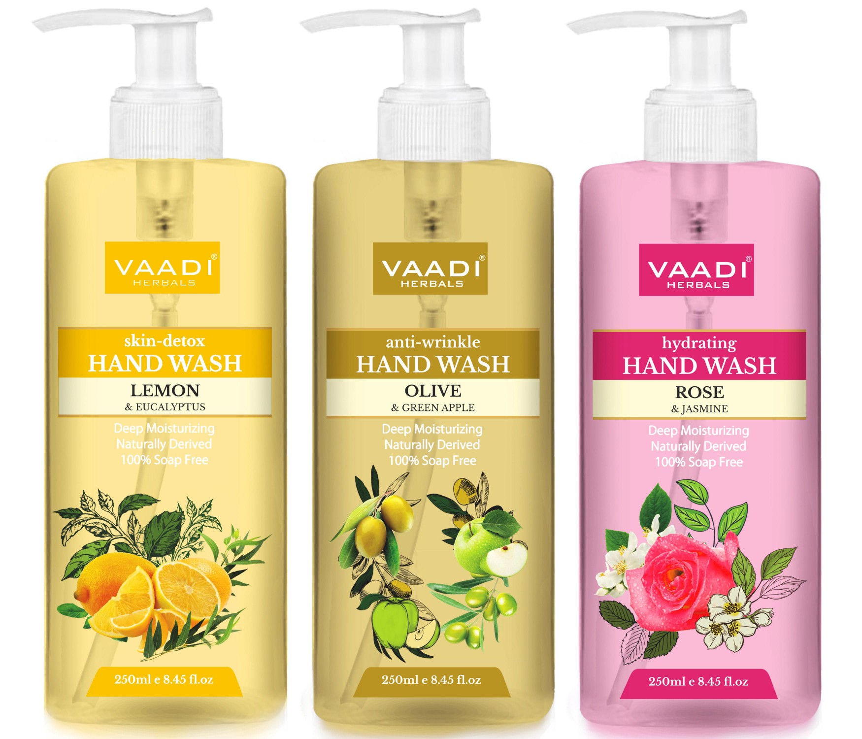 Vaadi Herbals Luxurious Lemon & Eucalyptus, Olive & Green Apple, Rose & Jasmine Handwash - Pack of 3